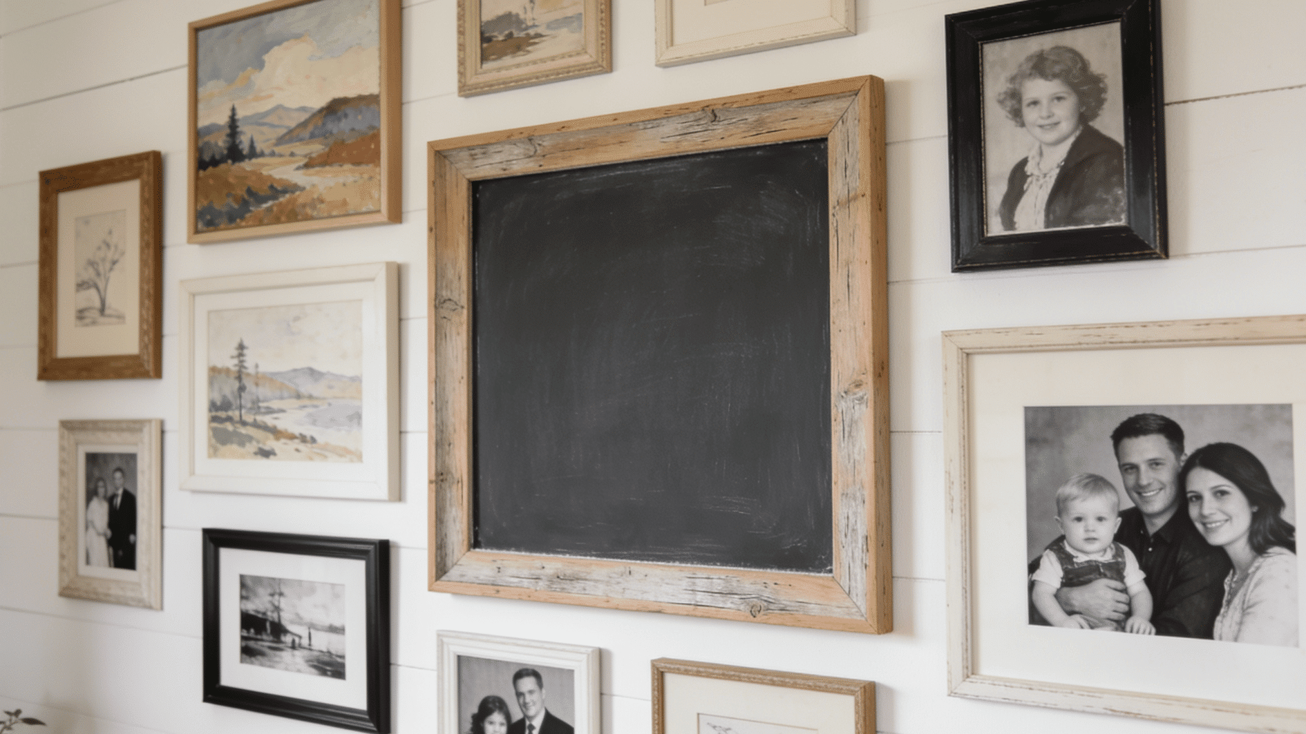 chalkboard gallery wall with family photos artwork and a rustic chalkboard framed on a white shiplap wall