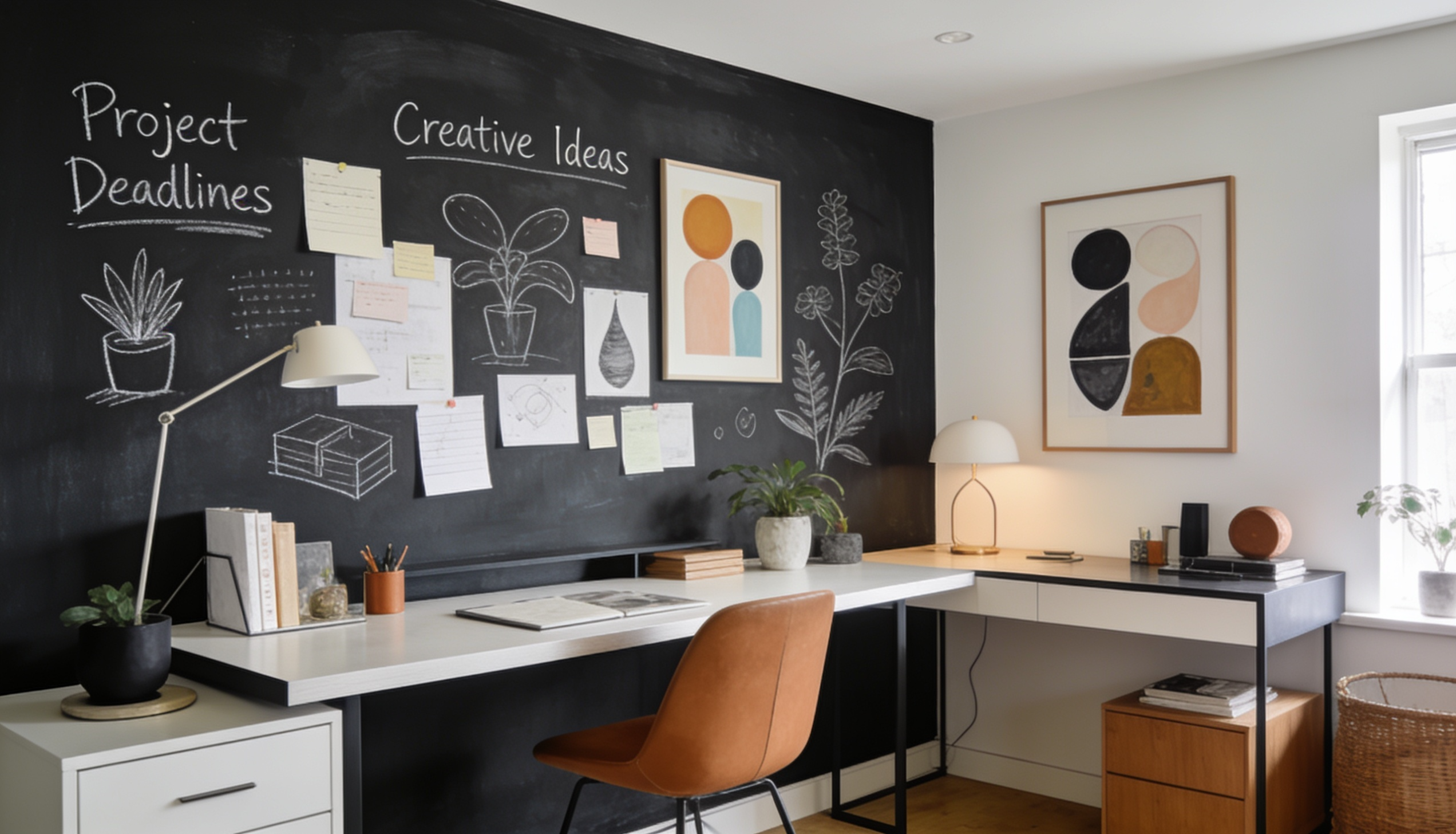 Chalkboard paint wall used for notes, drawings, and creative expression in a modern workspace.