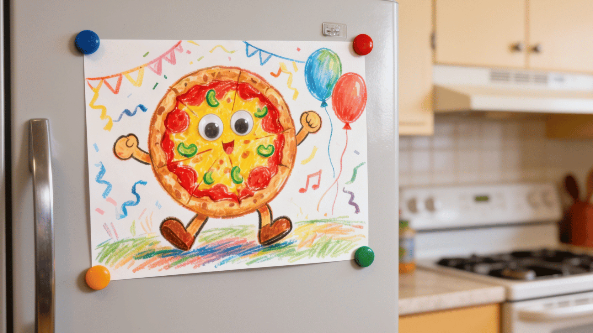 cheerful cartoon pizza drawing with balloons and confetti displayed on a refrigerator in a bright kitchen