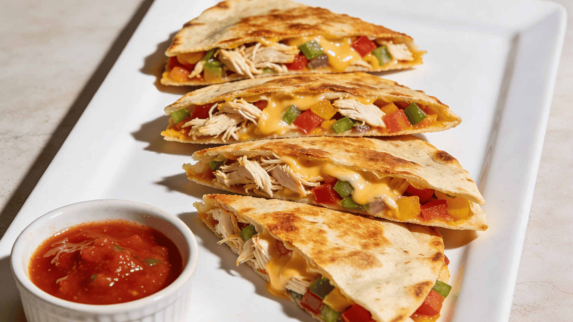 chicken and veggie quesadilla wedges on white plate with salsa, easy healthy meal ideas for kids