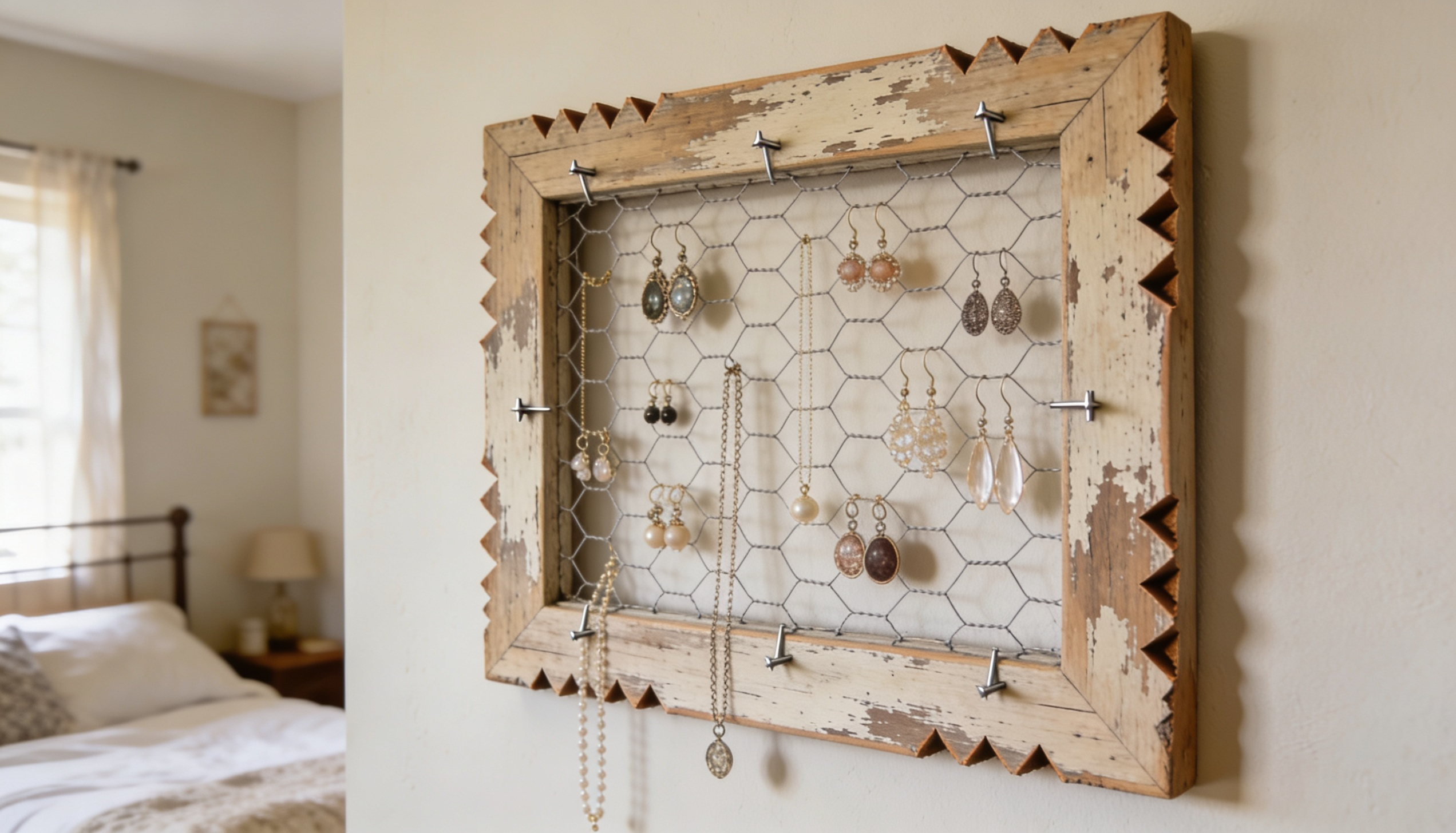 DIY chicken wire jewelry organizer in wooden frame, earrings hanging on mesh, rustic handmade wall decor, soft light.
