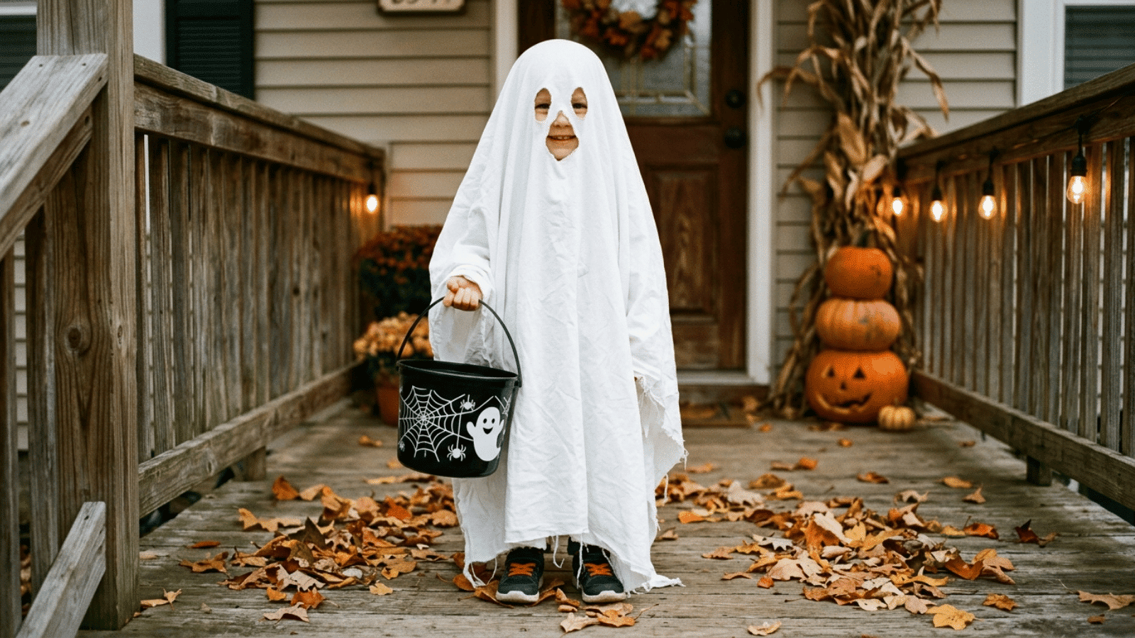 child dressed as a ghost for Halloween holding a trick-or-treat bucket, standing on a porch decorated with pumpkins and fall décor