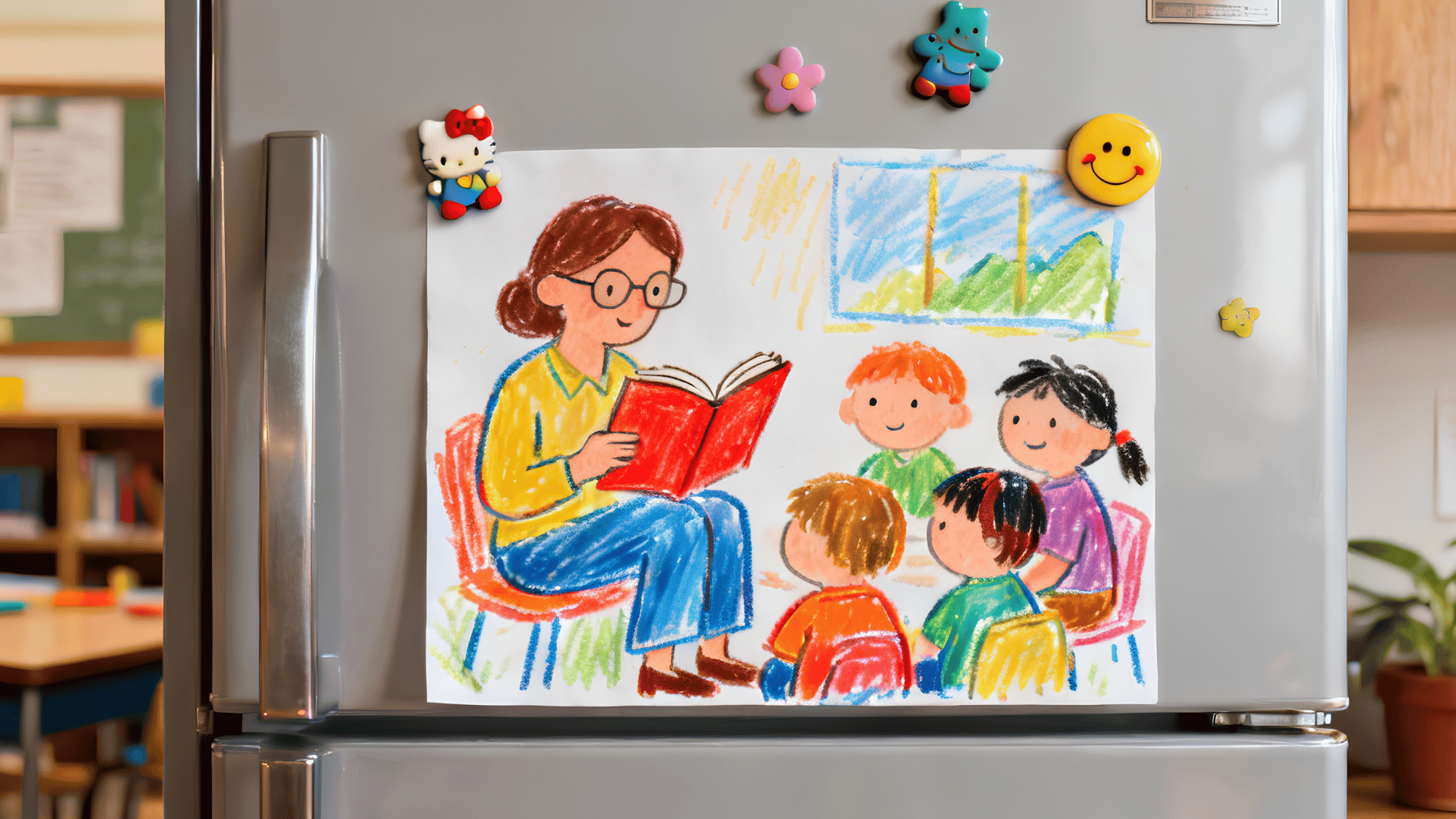 child style drawing of a teacher reading to children displayed on a refrigerator with decorative magnets