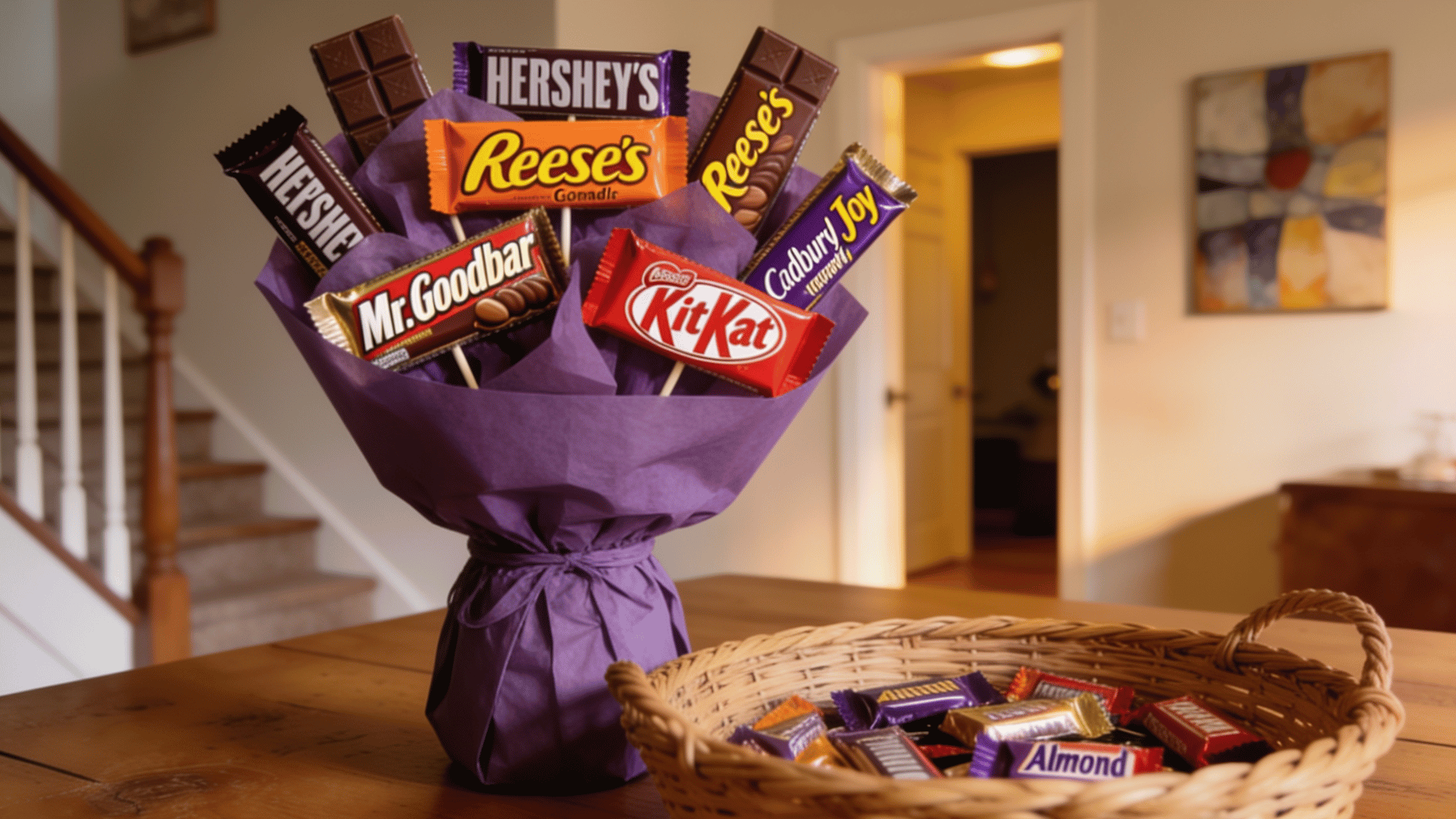 chocolate bouquet featuring hersheys reeses kitkat and candy bars displayed in a white vase with tissue paper