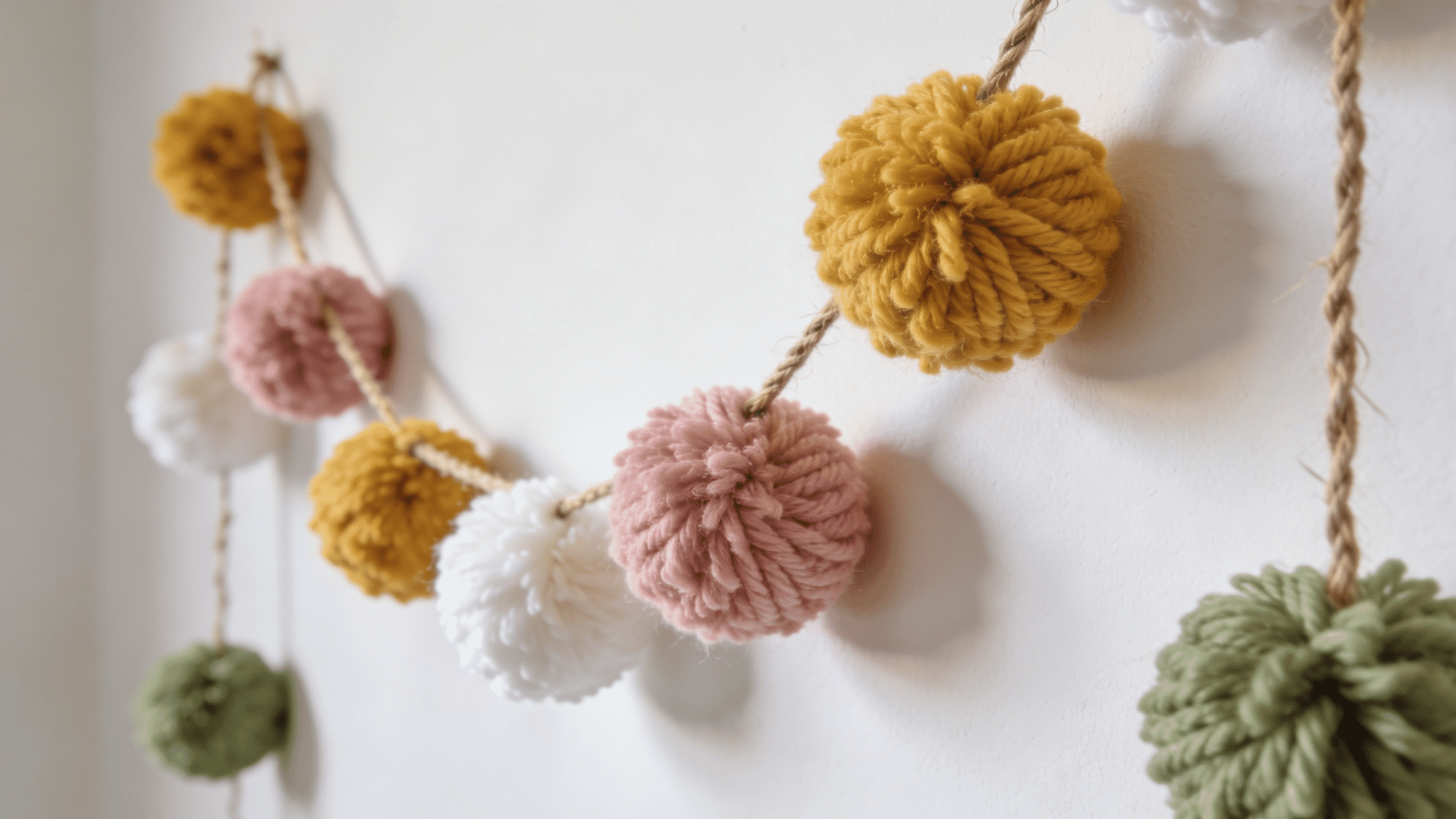 chunky yarn pom-pom garland in mustard yellow blush white and sage green hanging on a white wall on twine