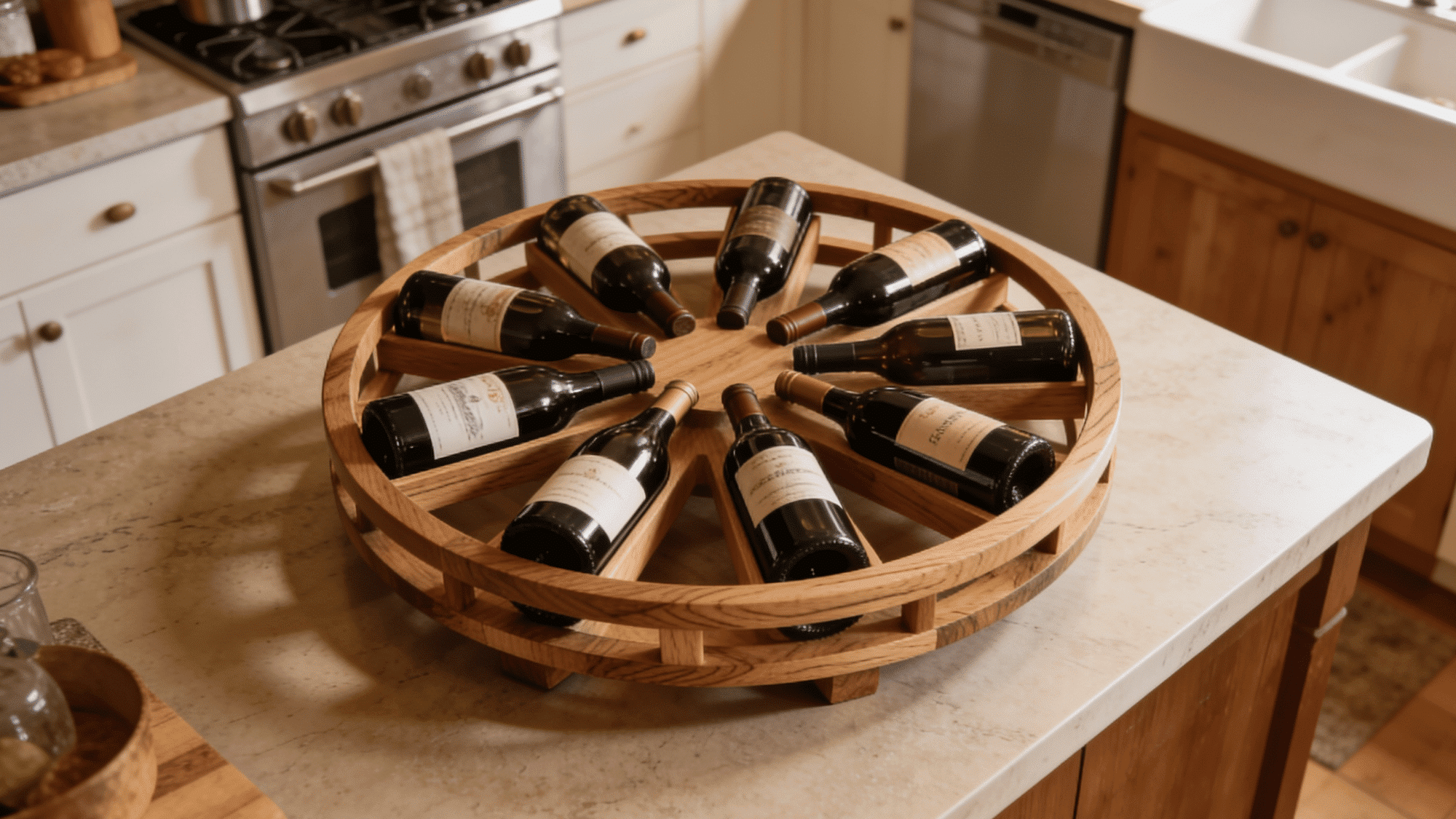 circular rotating wooden wine rack on kitchen island holding bottles natural wood finish overhead view