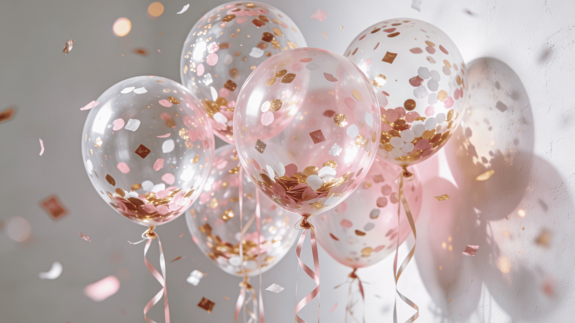 clear diy confetti balloons filled with pink gold and white paper confetti floating near a white wall