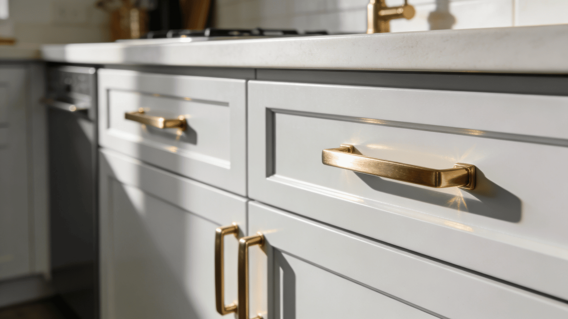 close up of white shaker kitchen cabinets with brushed brass handles and stone countertop