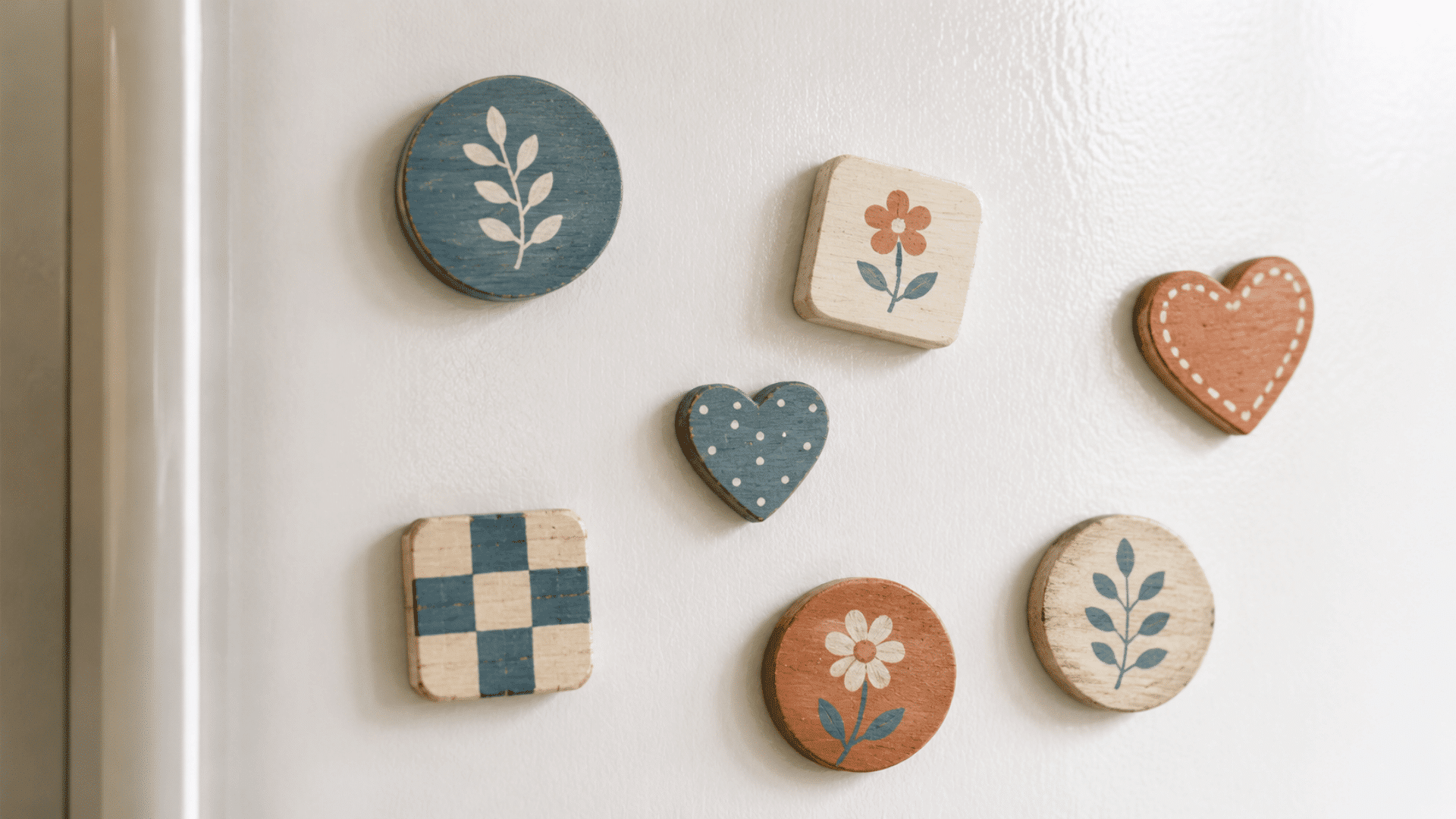 close up photo of small painted wooden magnets arranged on a white refrigerator door surface the magnets are cut into simple shapes like circles, squares, and small hearts with hand-painted patter