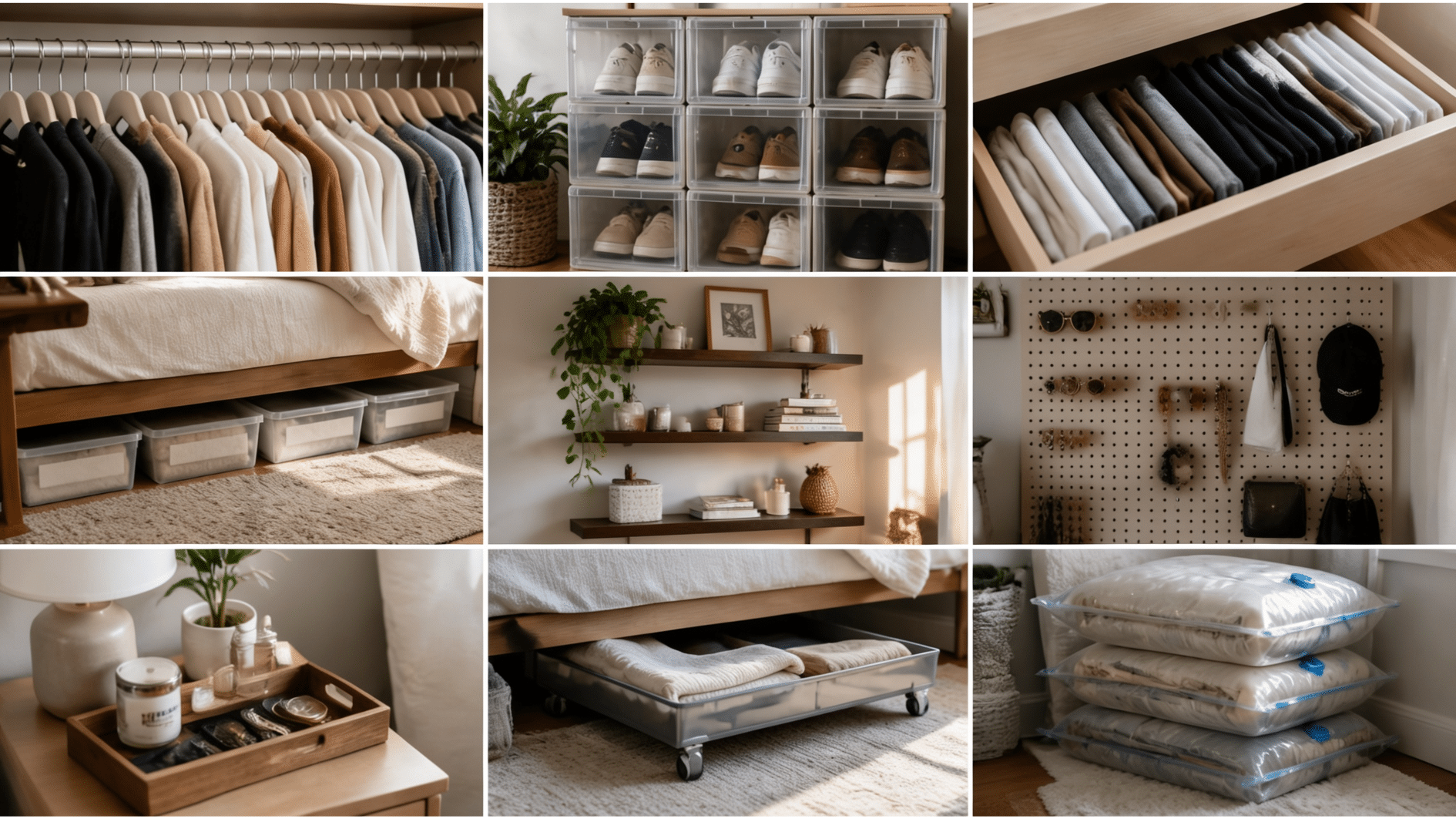 closet storage solutions with folded clothes shoe organizers under bed bins and wall accessories display