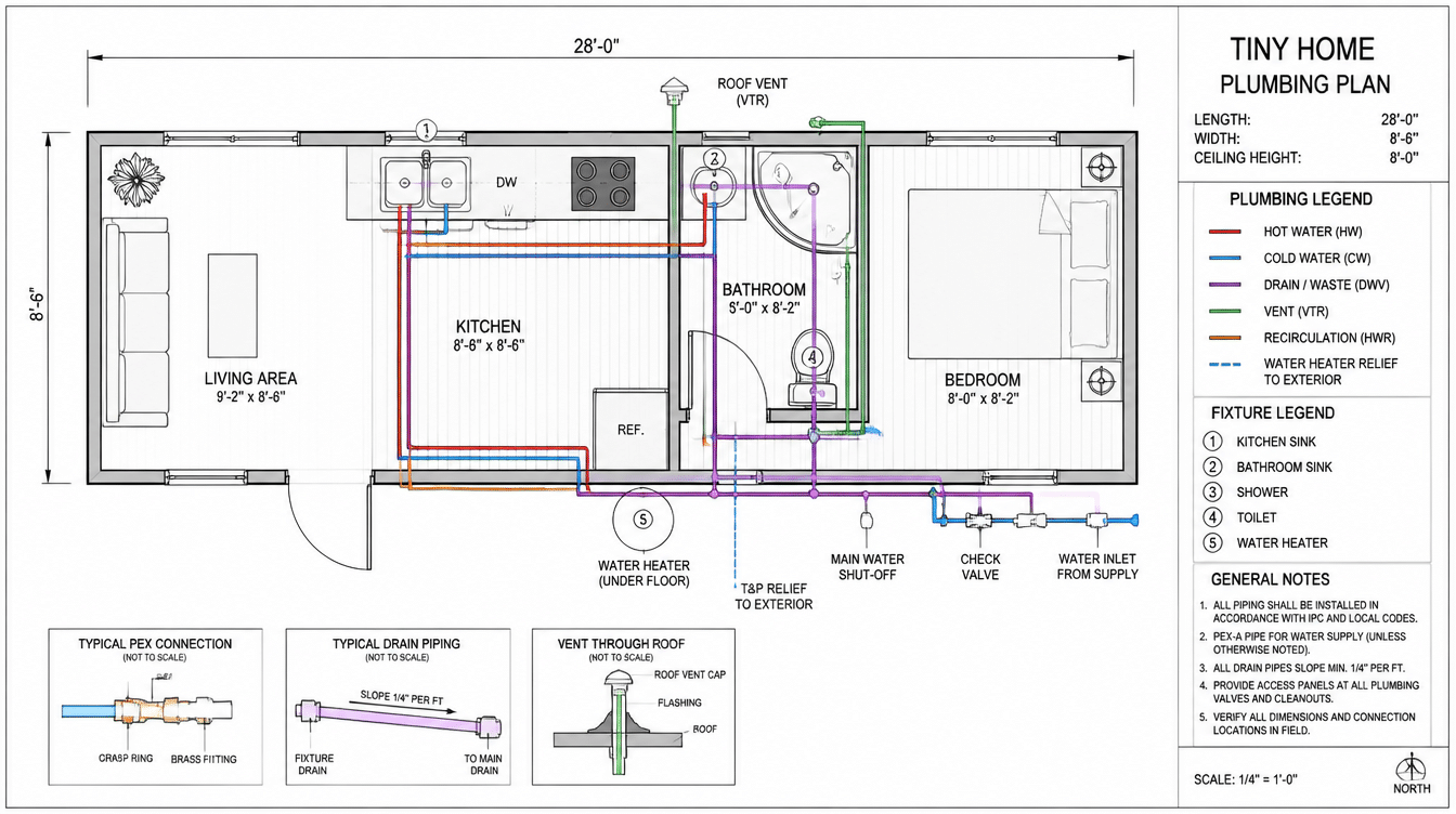 color-coded plumbing plan of a tiny home, 28x8.5 ft, showing hot, cold, drain, and vent pipe routes across kitchen, bathroom, and bedroom