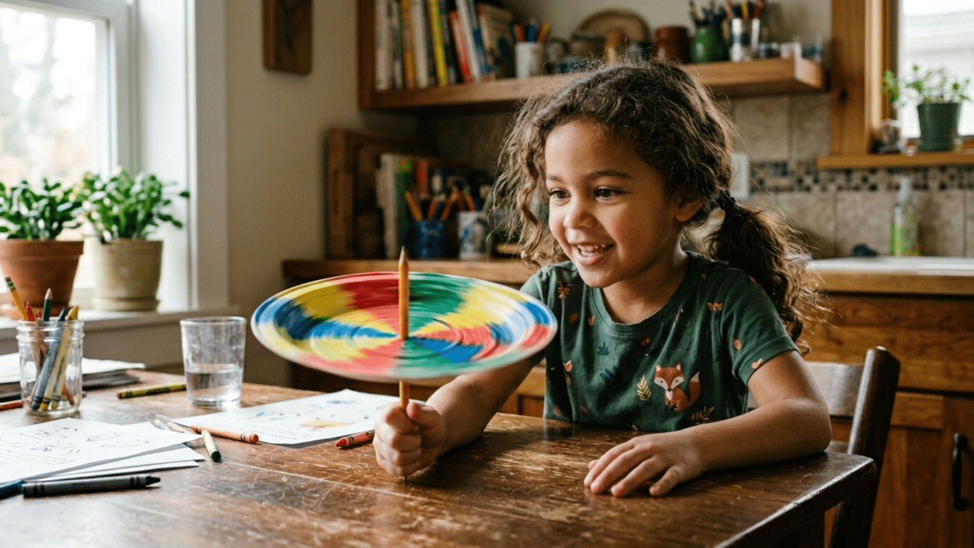 american child spinning a colored paper plate to watch the colors blend together