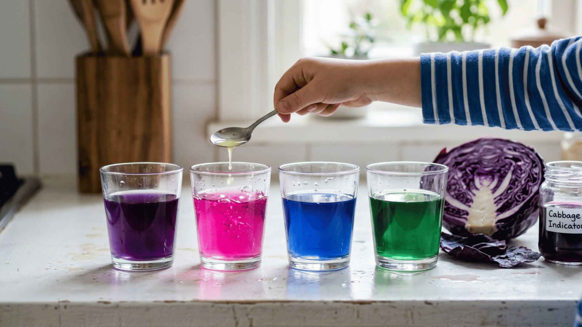 a hand adds liquid to colorful cabbage indicator solutions, showing pH changes in purple, pink, blue, and green glasses