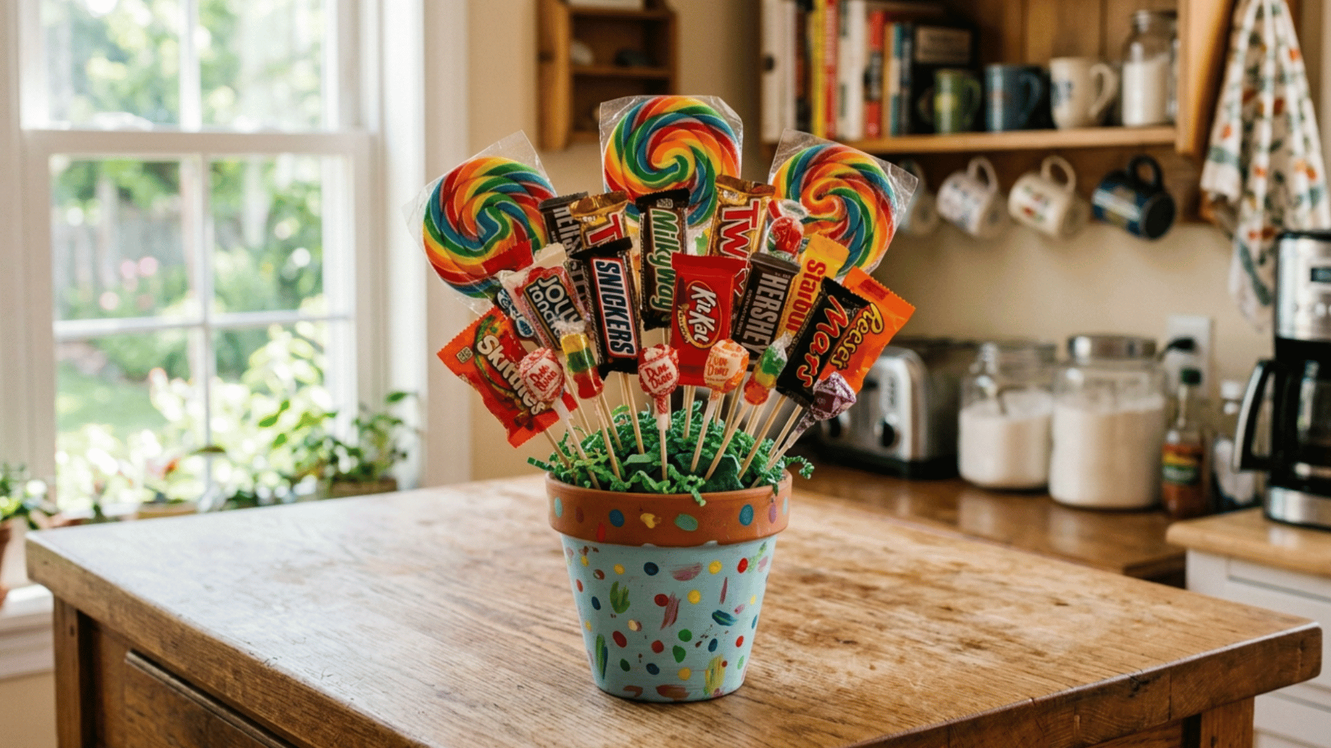 colorful candy bouquet with lollipops chocolate bars and sweets arranged in a painted pot on a kitchen island