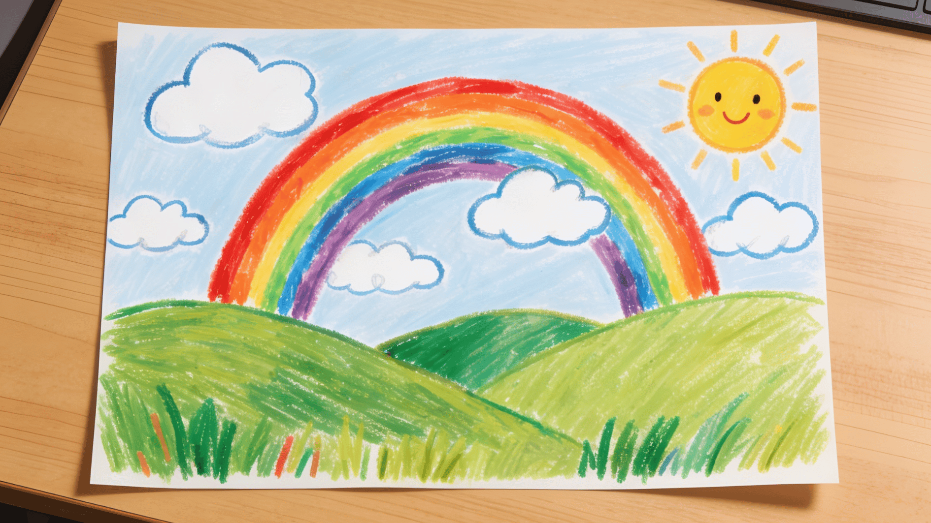 colorful child drawing of a rainbow over green hills with smiling sun and fluffy clouds on white paper