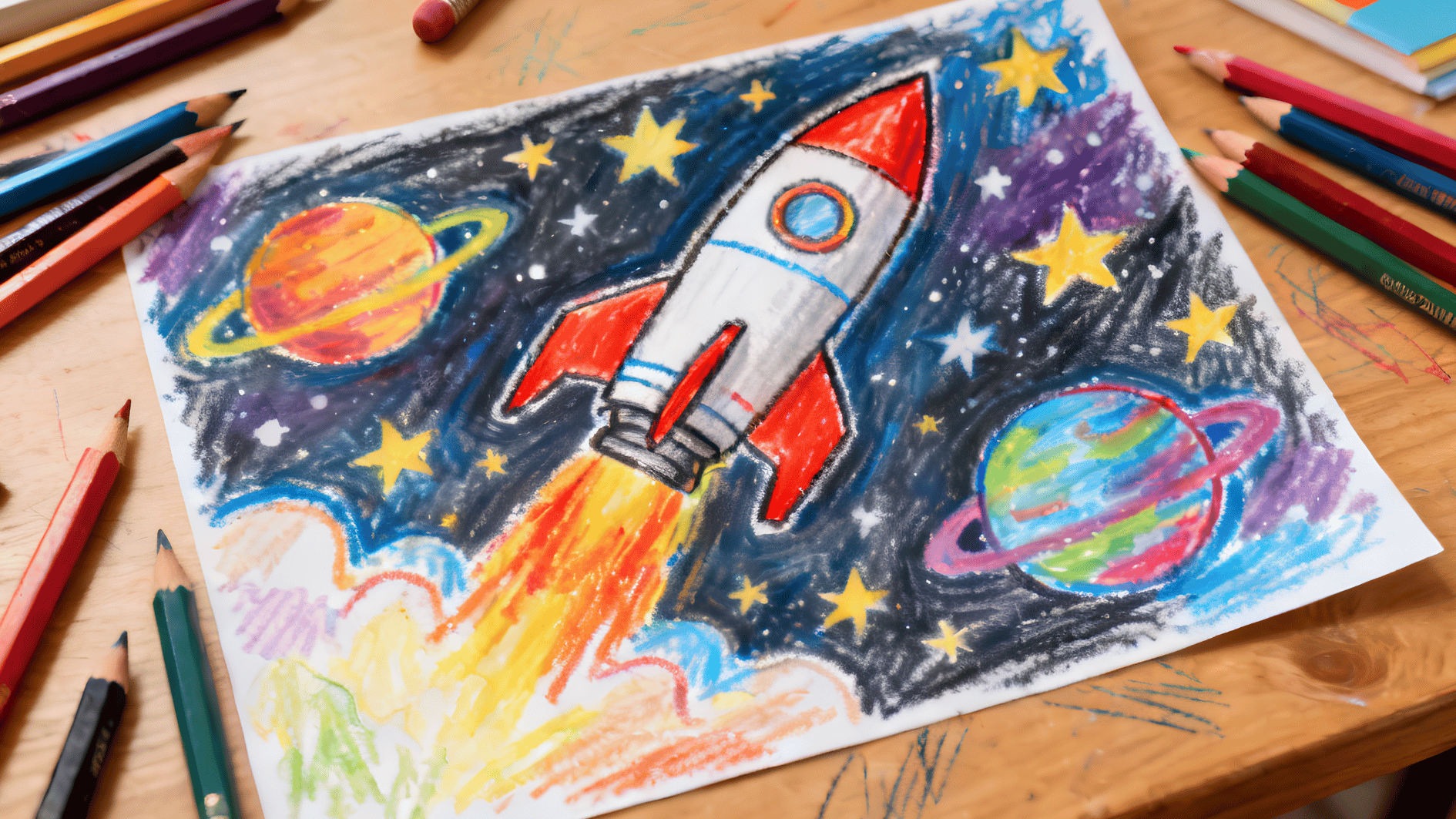 colorful crayon drawing of a rocket flying through space with planets stars and pencils scattered around