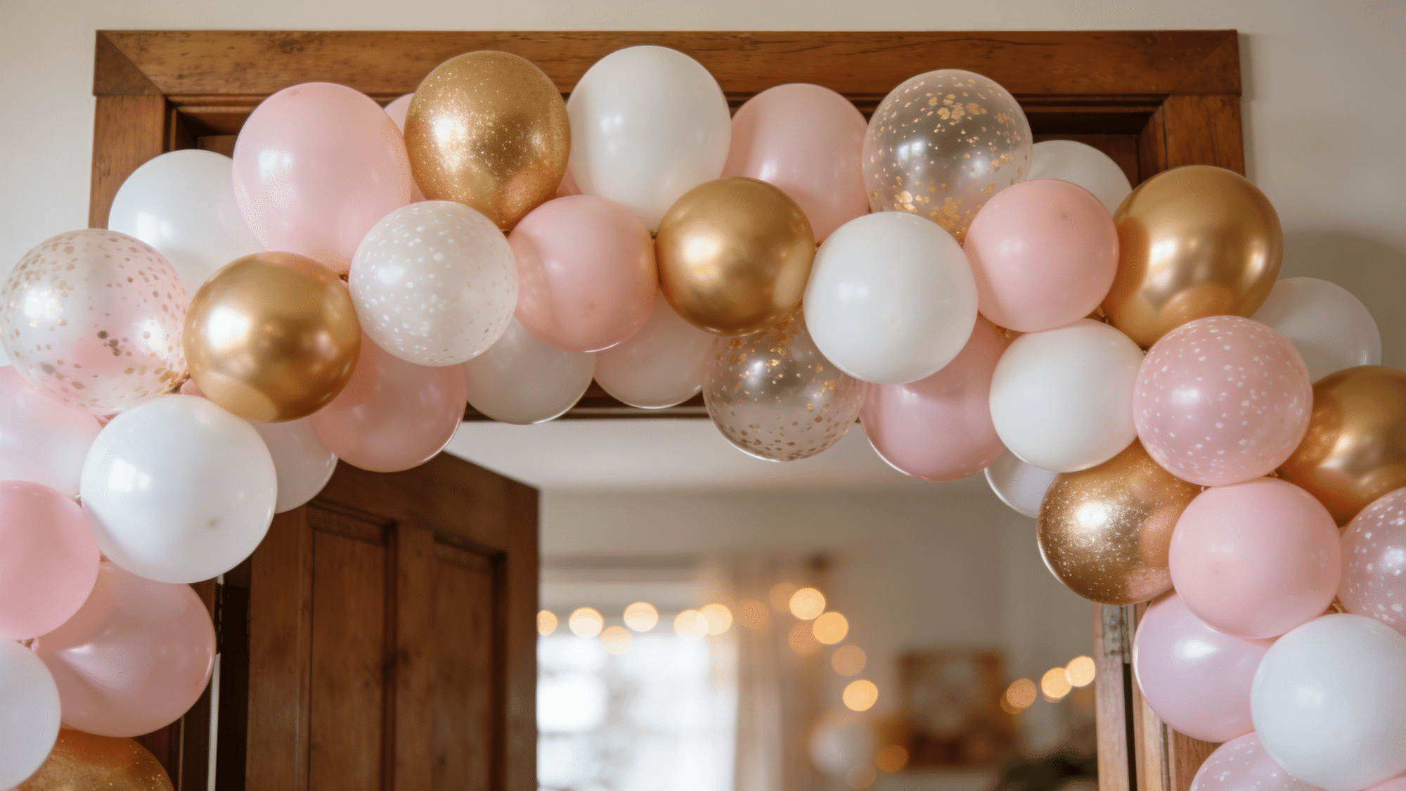 colorful diy balloon garland arch in pastel pink white and gold draped over a doorway for a birthday party
