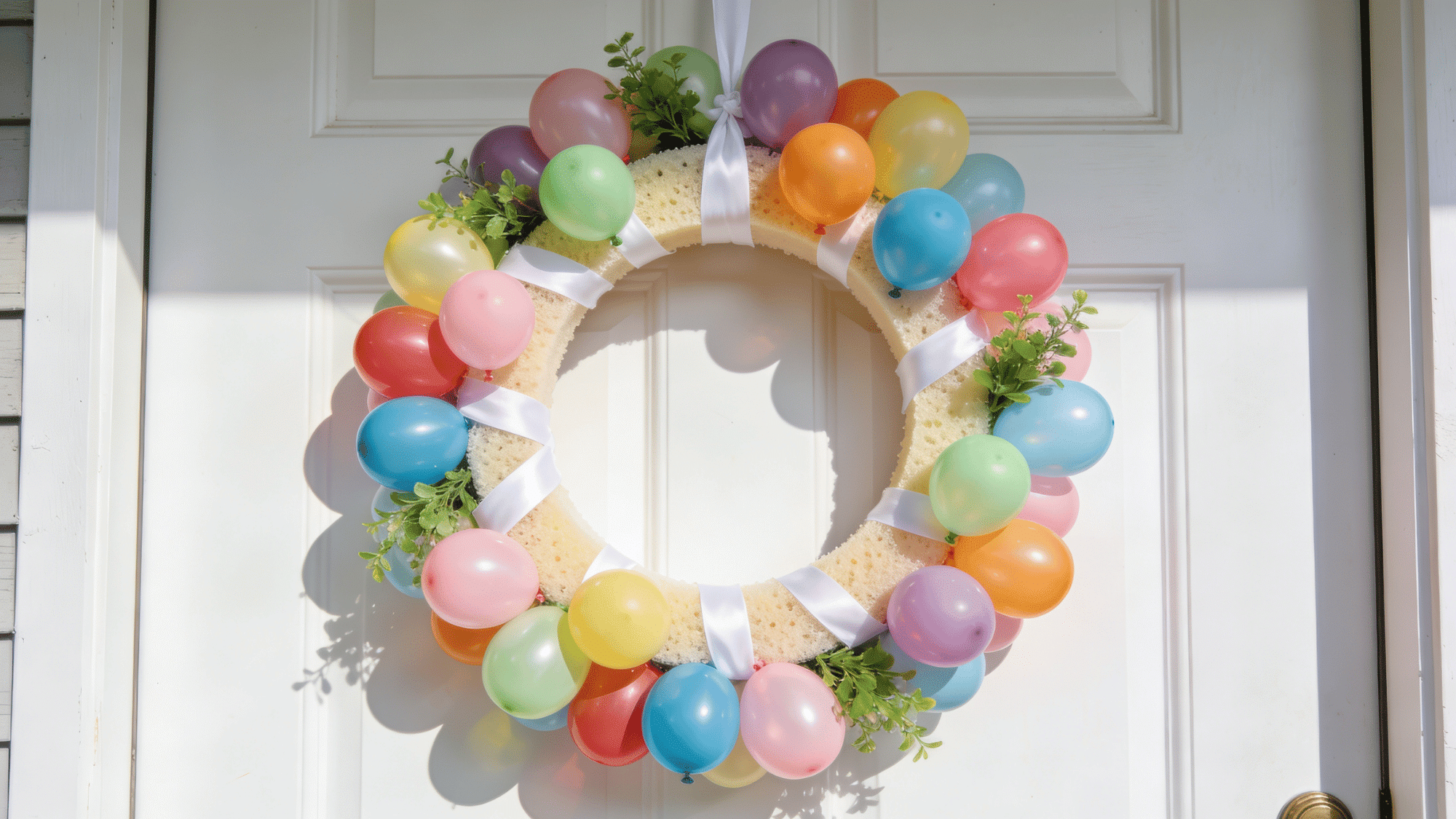 colorful diy balloon wreath with pastel balloons on a foam form with white ribbon and greenery on a front door
