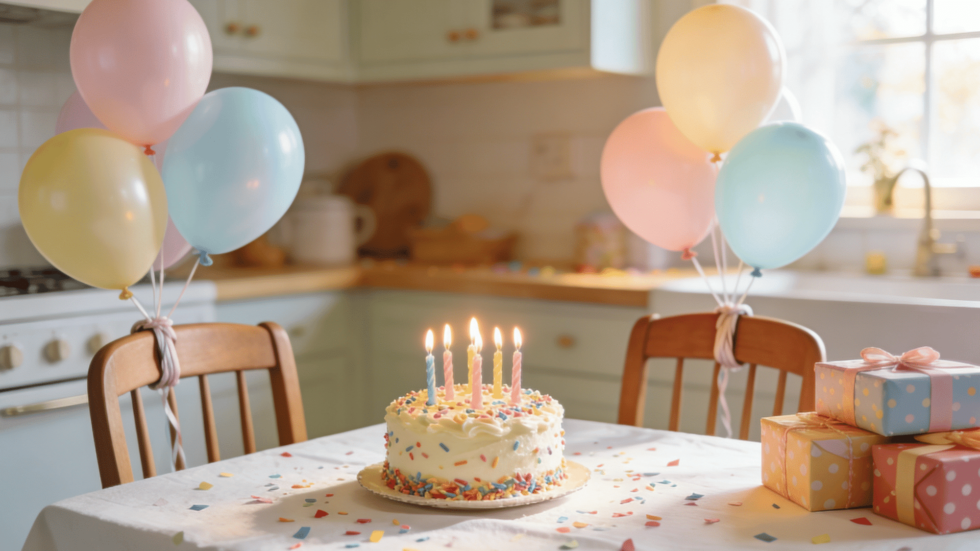 colorful kids birthday party table with frosted cake lit candles pastel balloons wrapped gifts and confetti