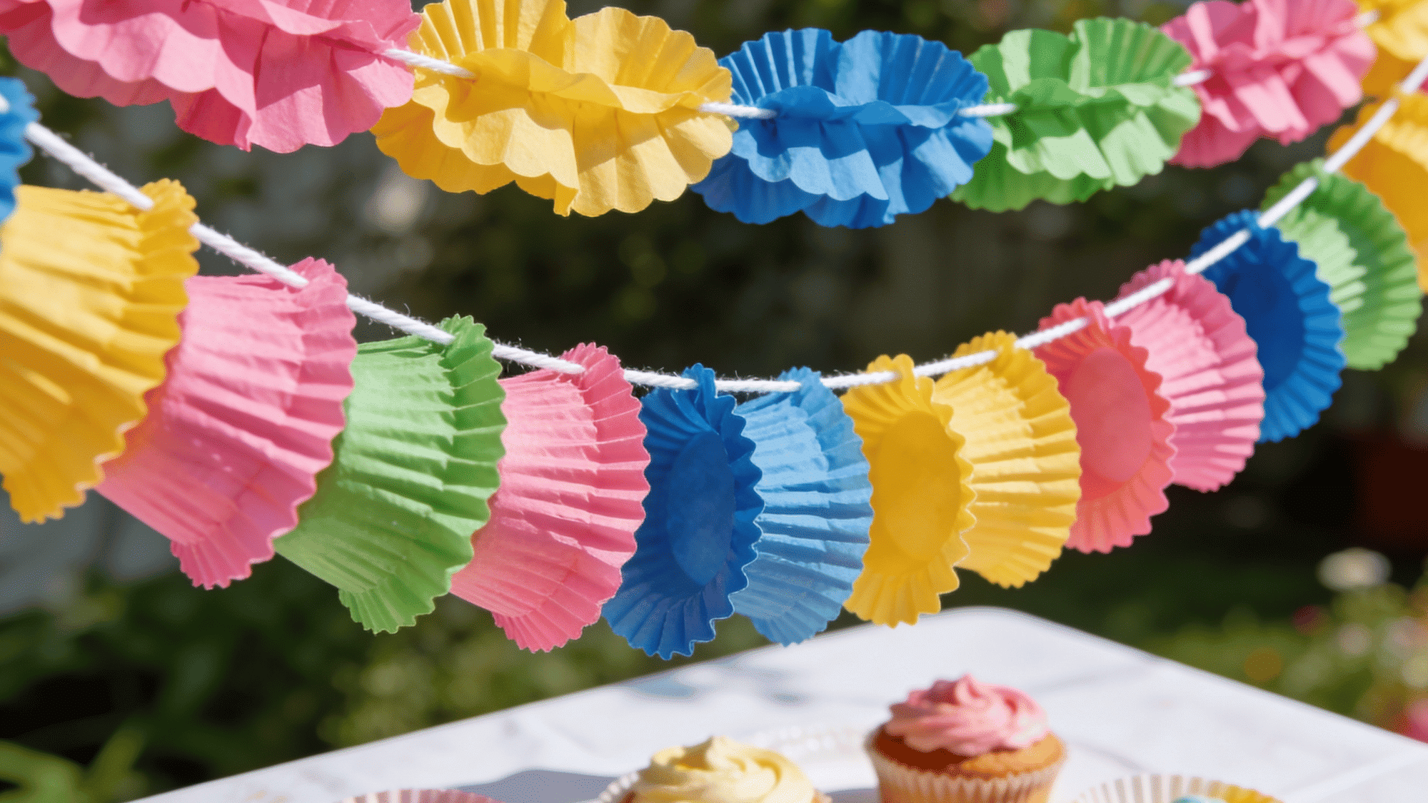 colorful ruffled cupcake liner garland in pink yellow blue and green hanging above a birthday party table