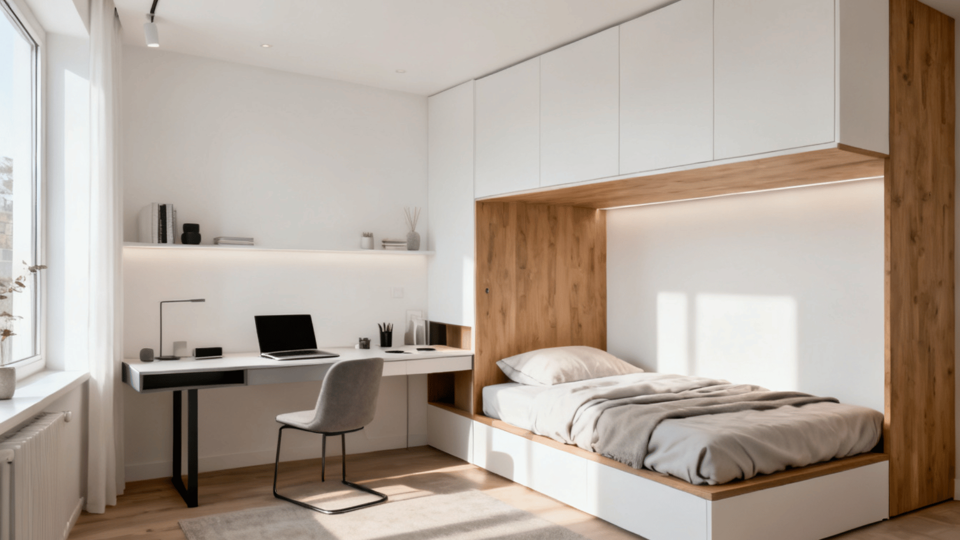 compact bedroom with built in bed, desk, overhead storage and warm wood accents by a bright window