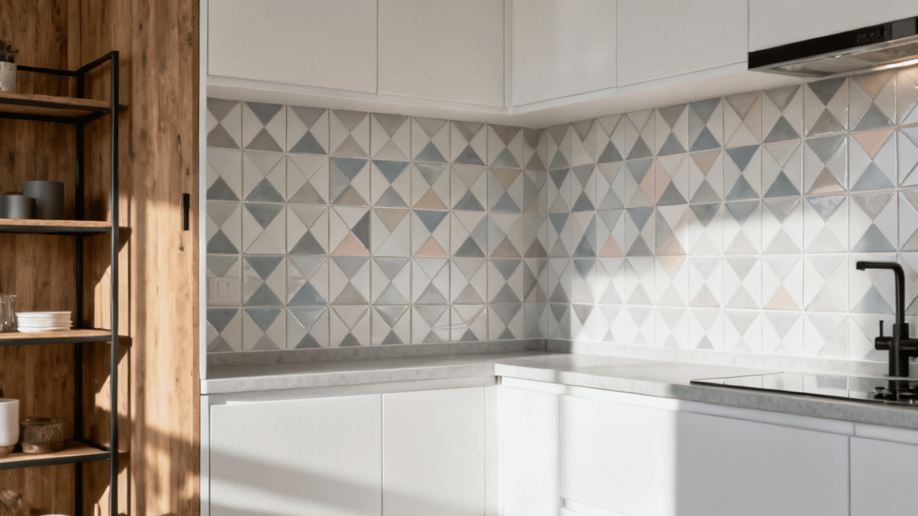 compact kitchen with geometric pastel tile backsplash, white cabinetry and warm wood accents