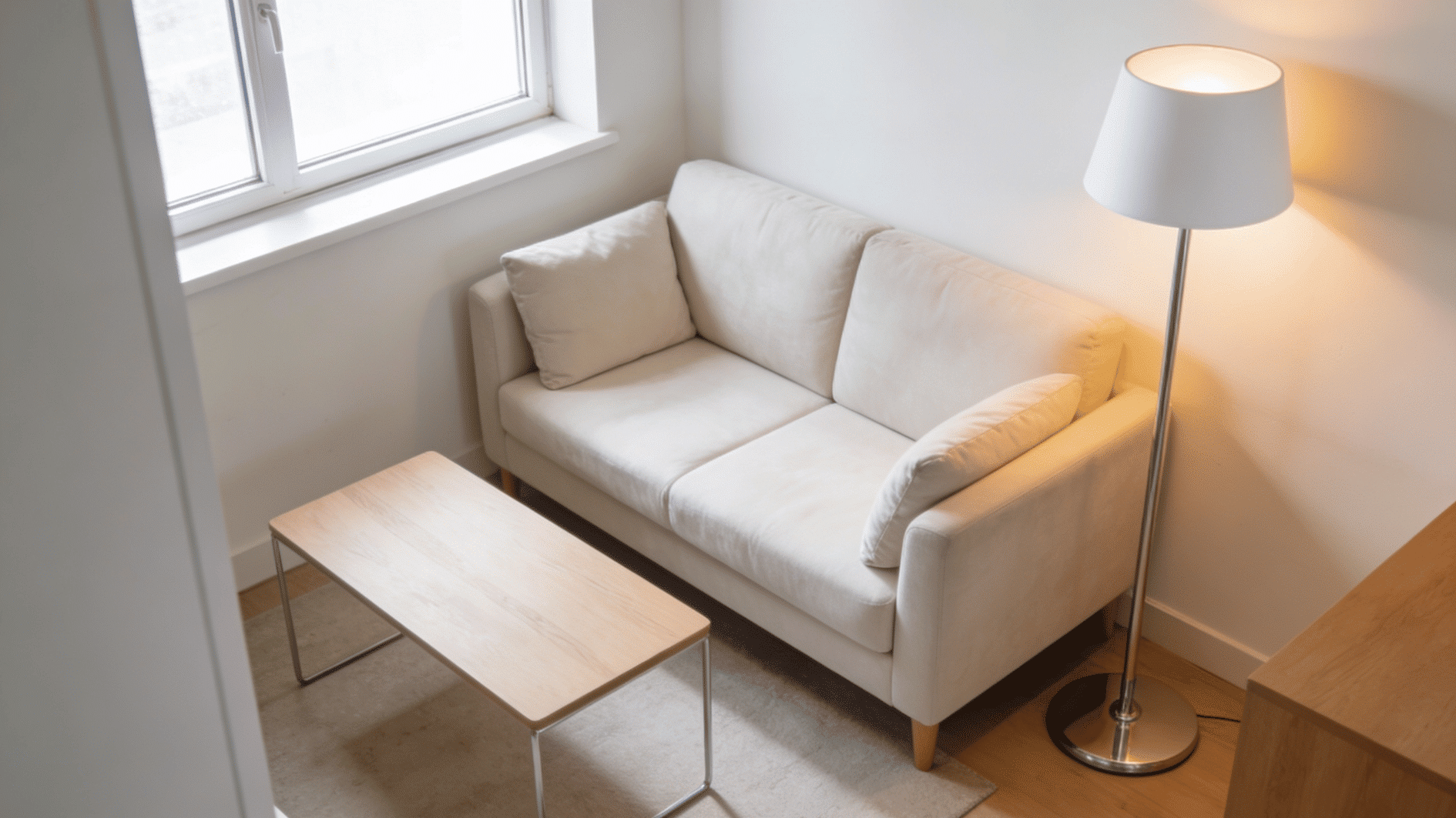 compact loveseat and coffee table in a cozy reading nook by a window