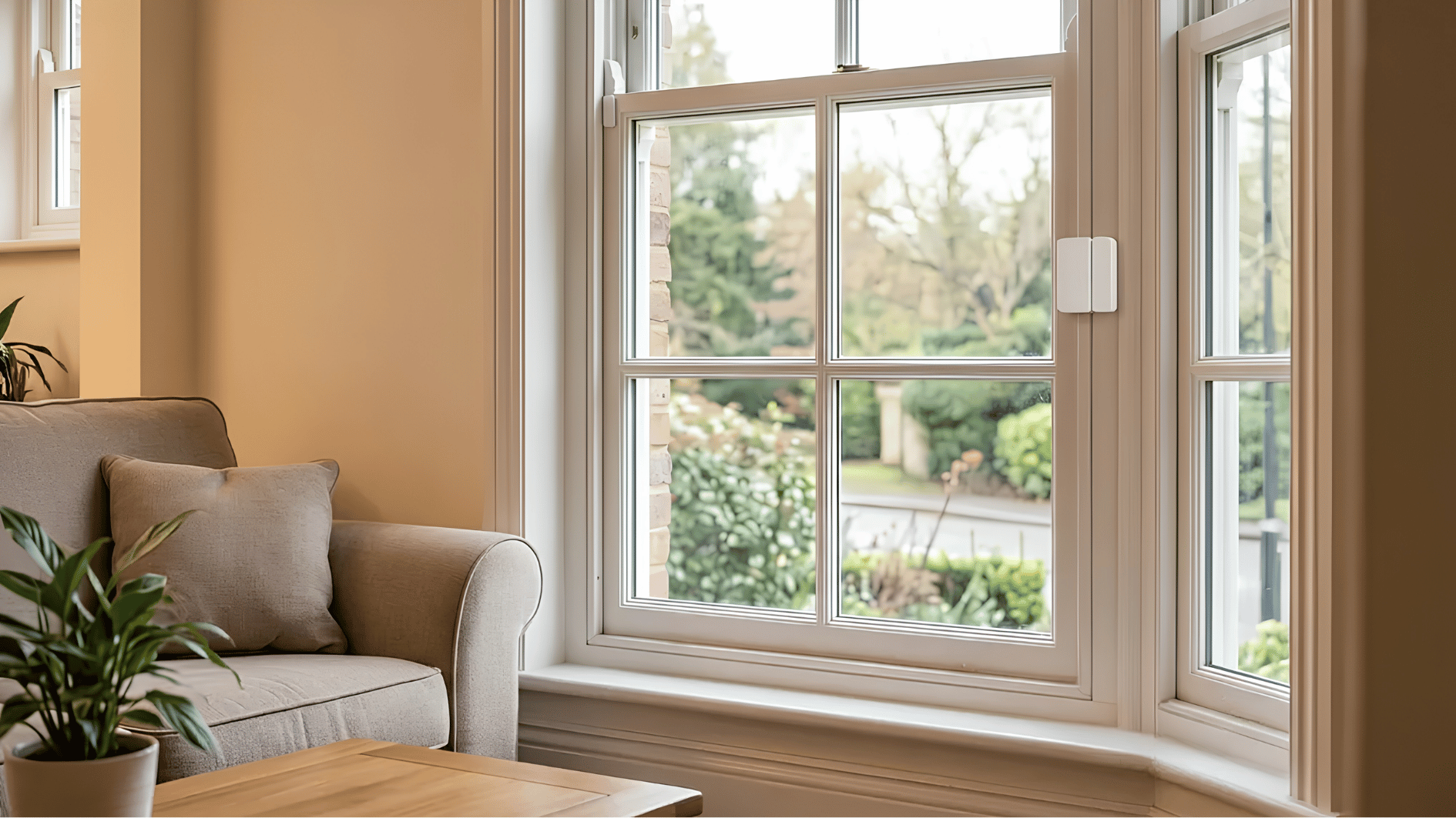 compact window sensor attached to frame monitoring open and closed status in bright living room with garden view