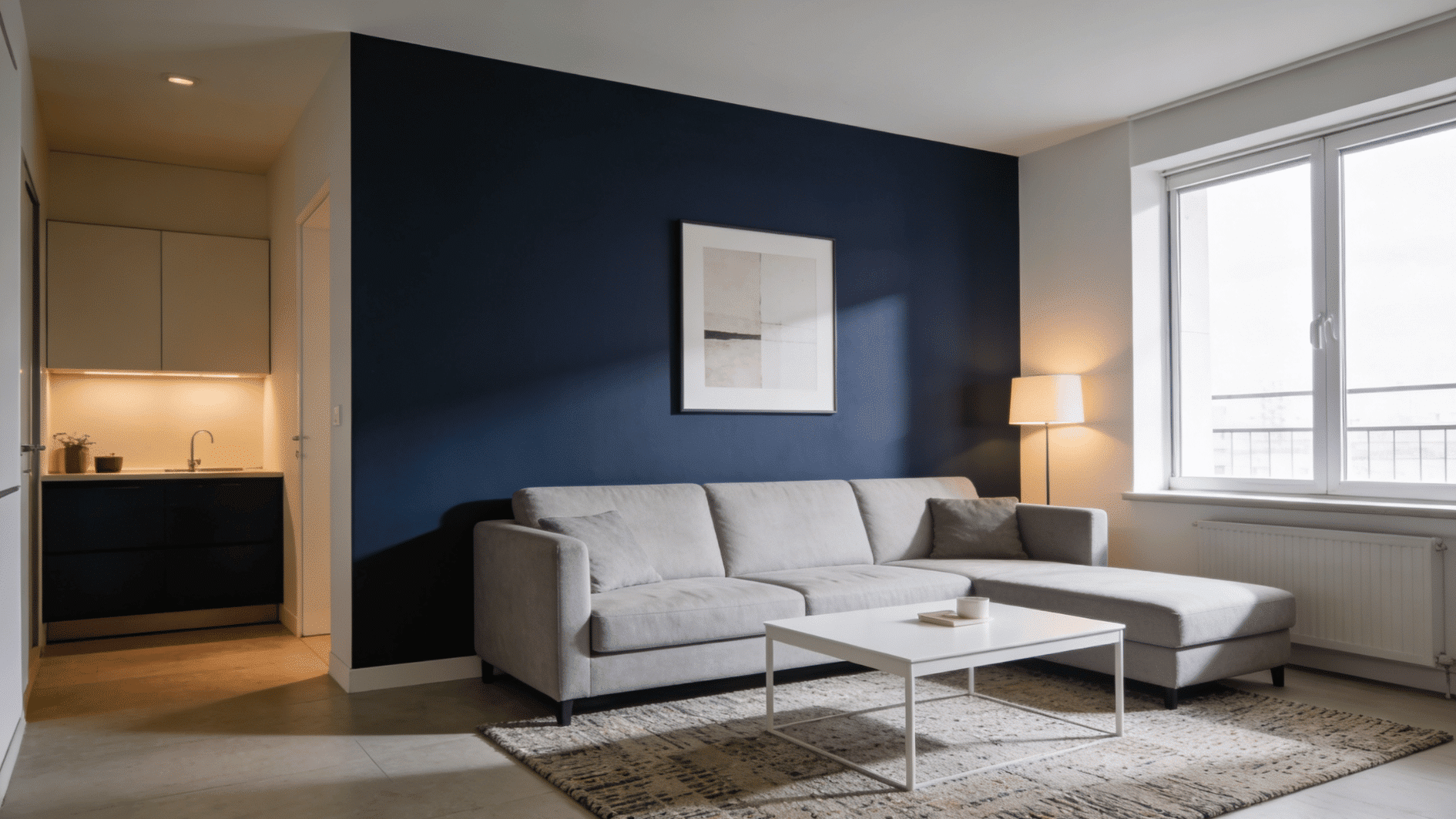 contemporary living room with navy accent wall, sectional sofa and compact kitchenette