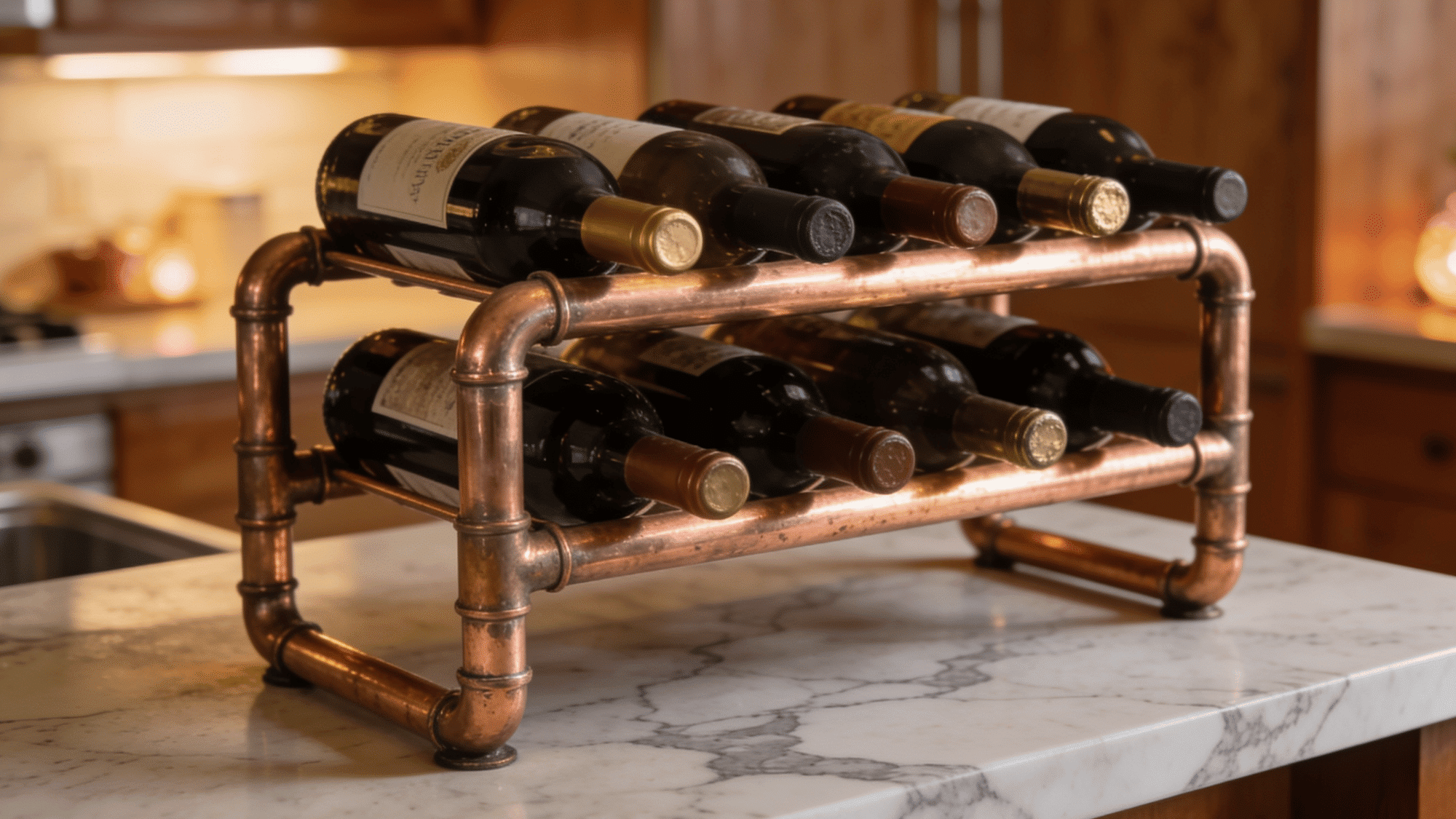 copper pipe wine rack on marble kitchen counter holding wine bottles modern farmhouse style