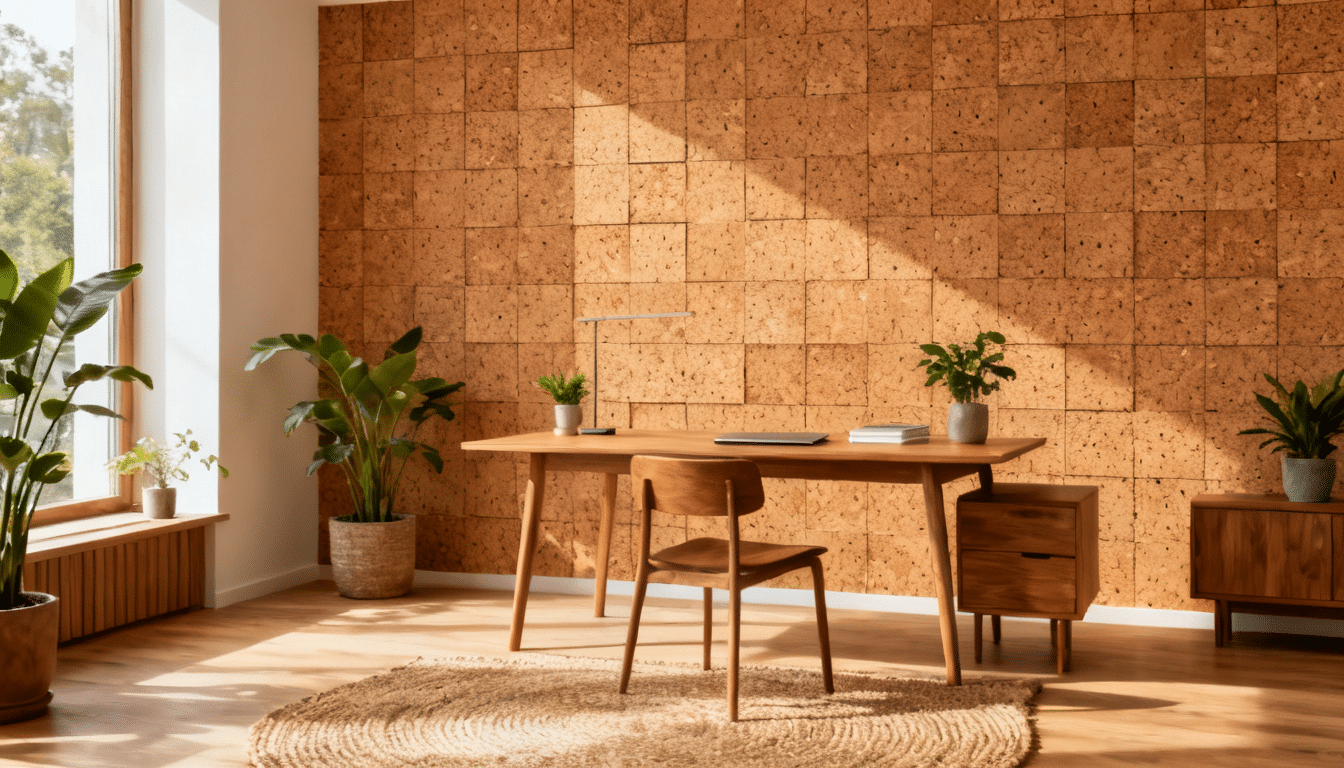 Natural cork tile accent wall combining warm texture with practical pinboard functionality.