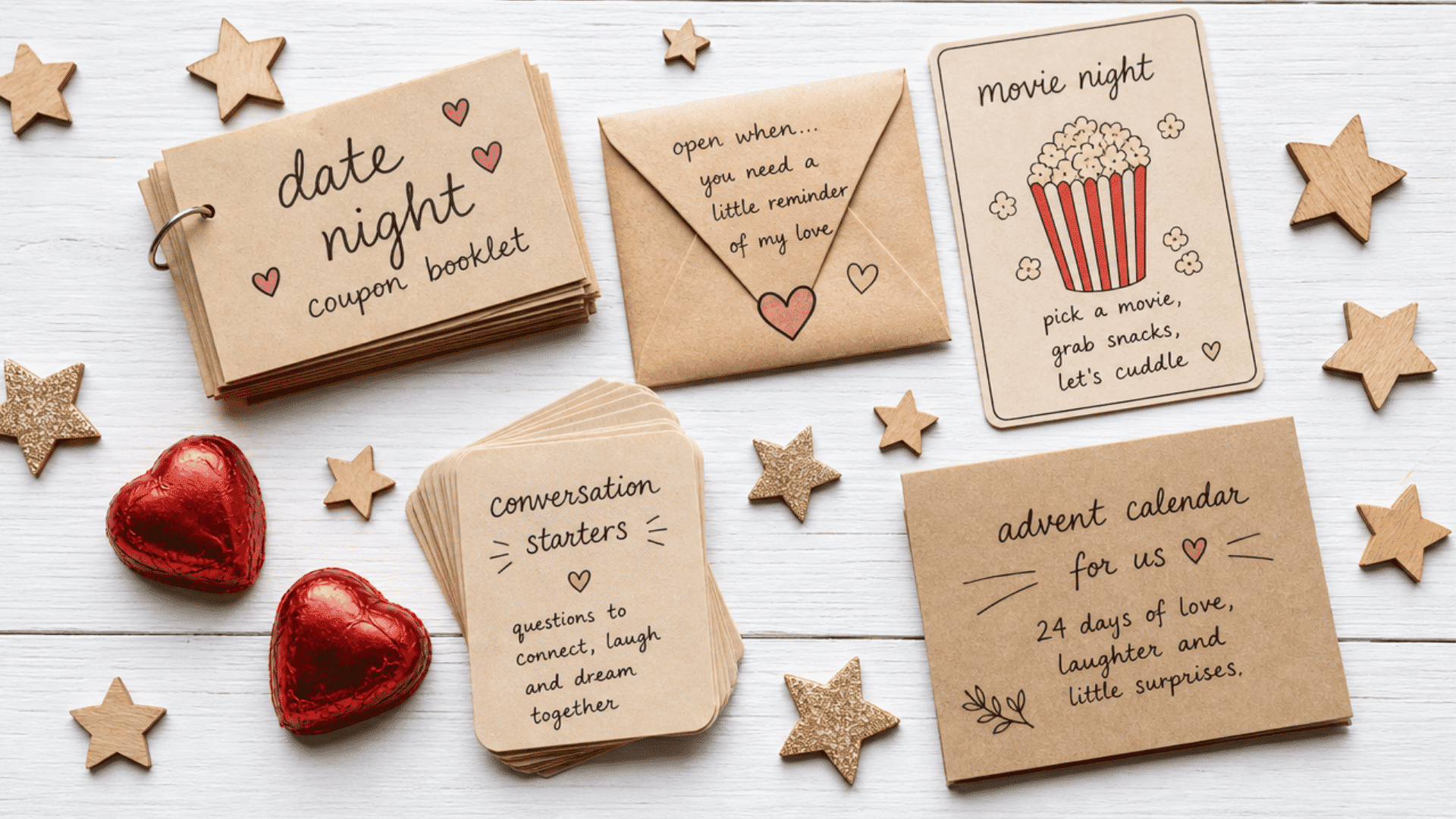 couples advent calendar with date night coupons, love note, movie card, chocolates, and conversation starters