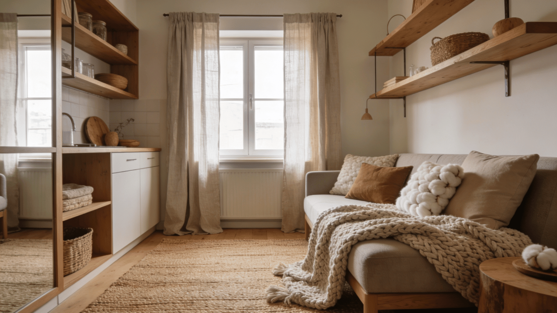 cozy studio corner with open shelving, soft textiles, natural wood accents and sheer window curtains