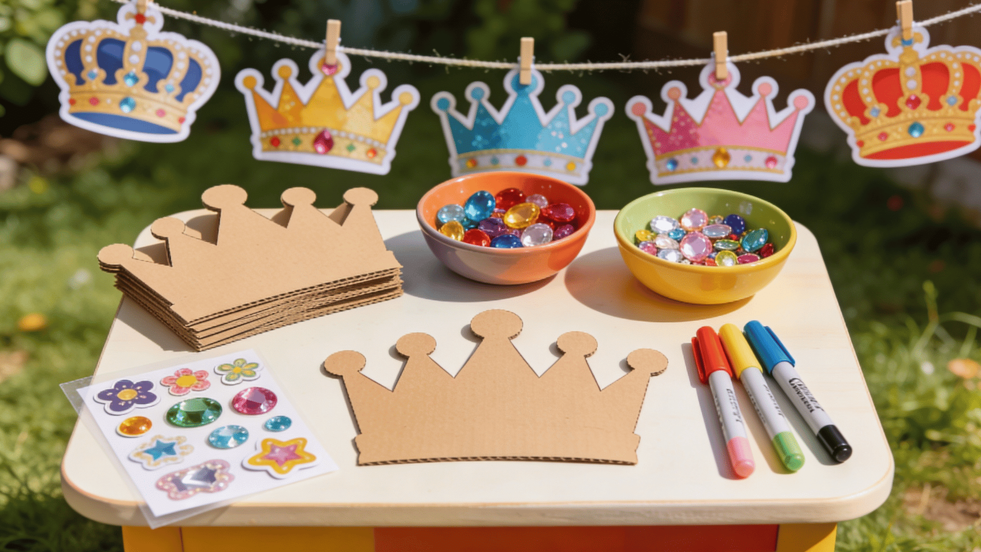 craft table with pre-cut crown shapes gems stickers and markers with finished birthday crowns on a string