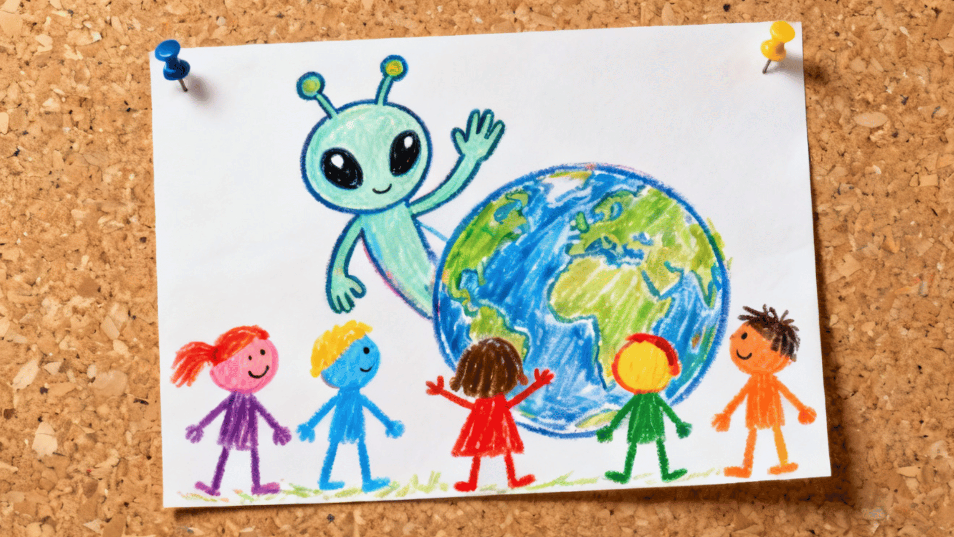 crayon drawing of a friendly alien waving beside earth with colorful children standing together on a corkboard