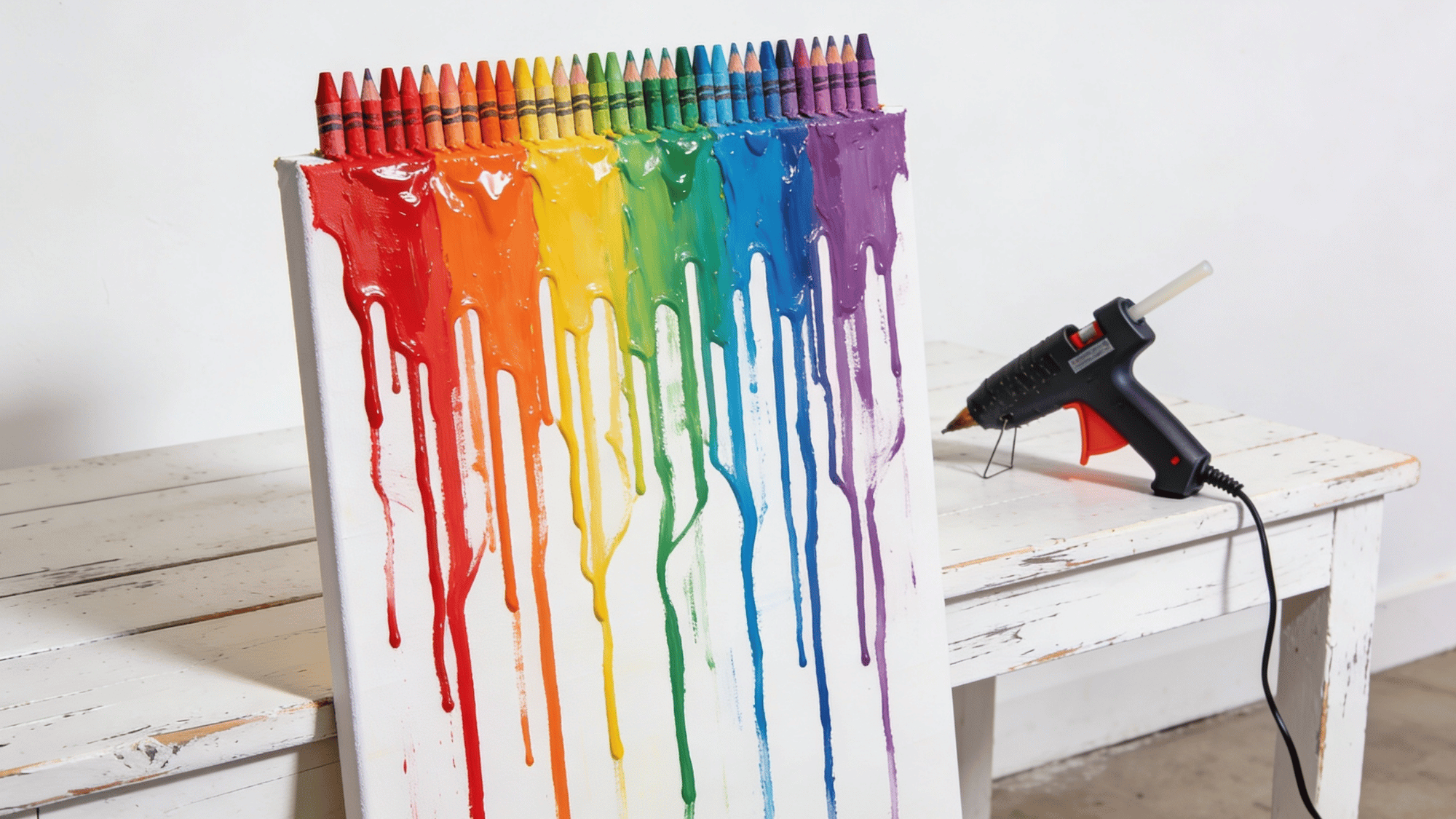 crayon wax drip canvas art with rainbow melted wax streams on white table
