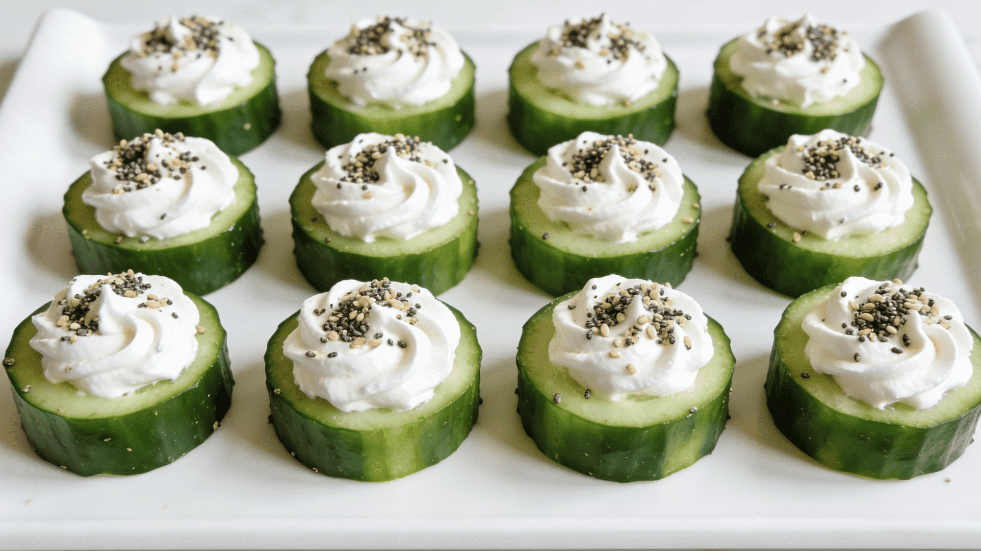 cucumber rounds with cream cheese and everything bagel seasoning on white board, healthy snack for kids