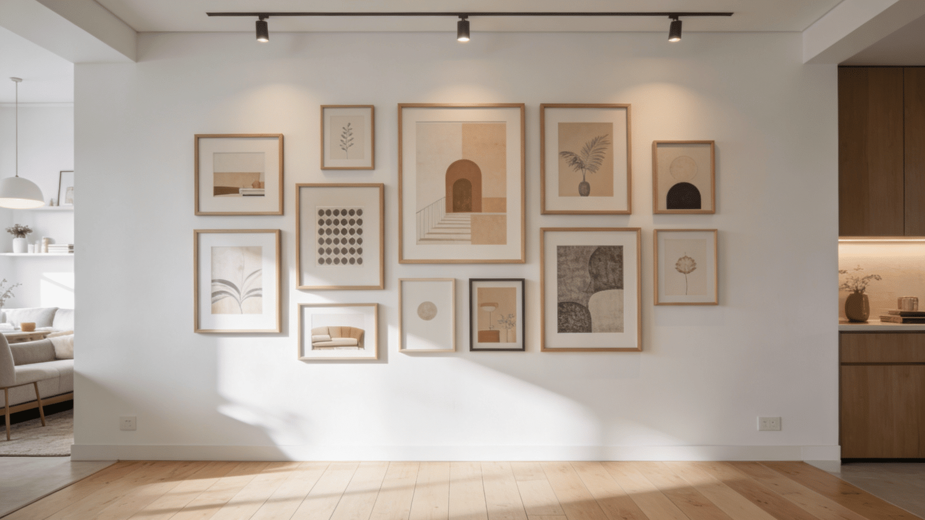 curated gallery wall with framed neutral artwork beneath modern track lighting in a bright interior