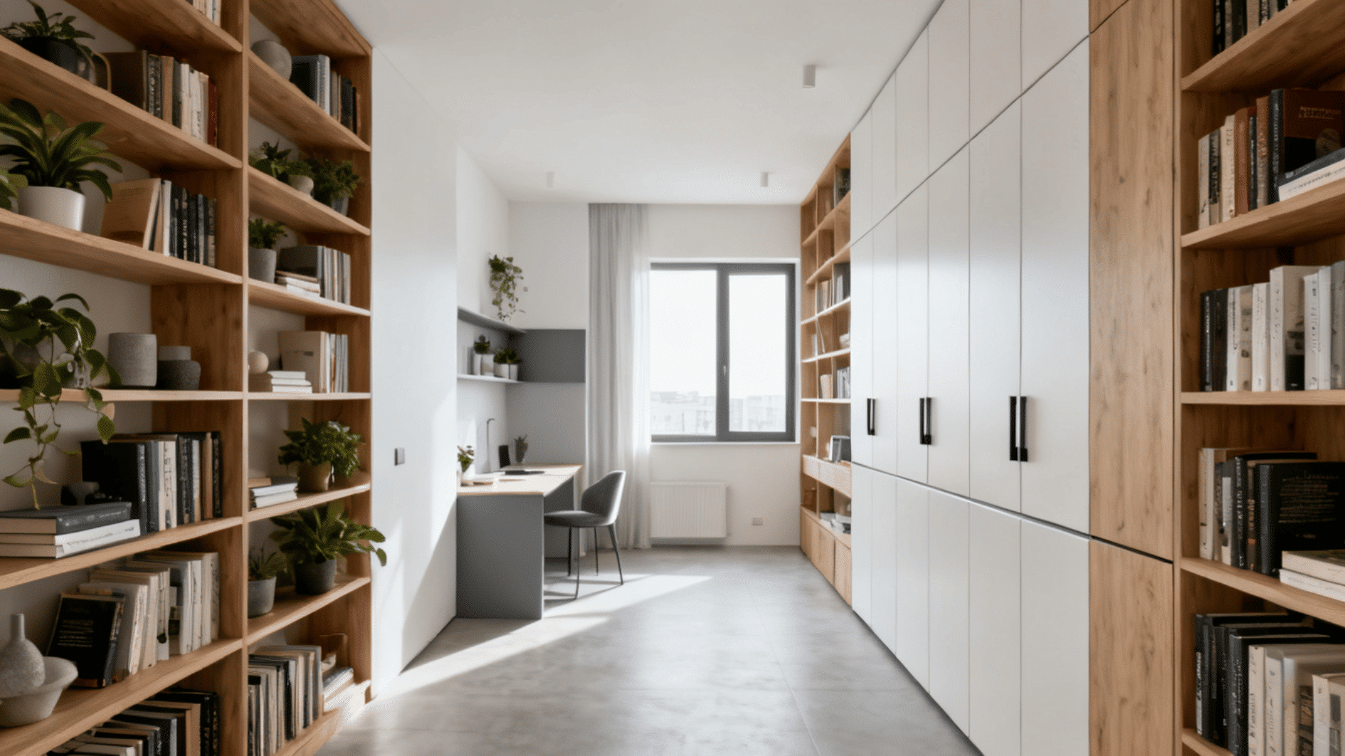 custom home office with floor to ceiling bookshelves, integrated storage and window desk