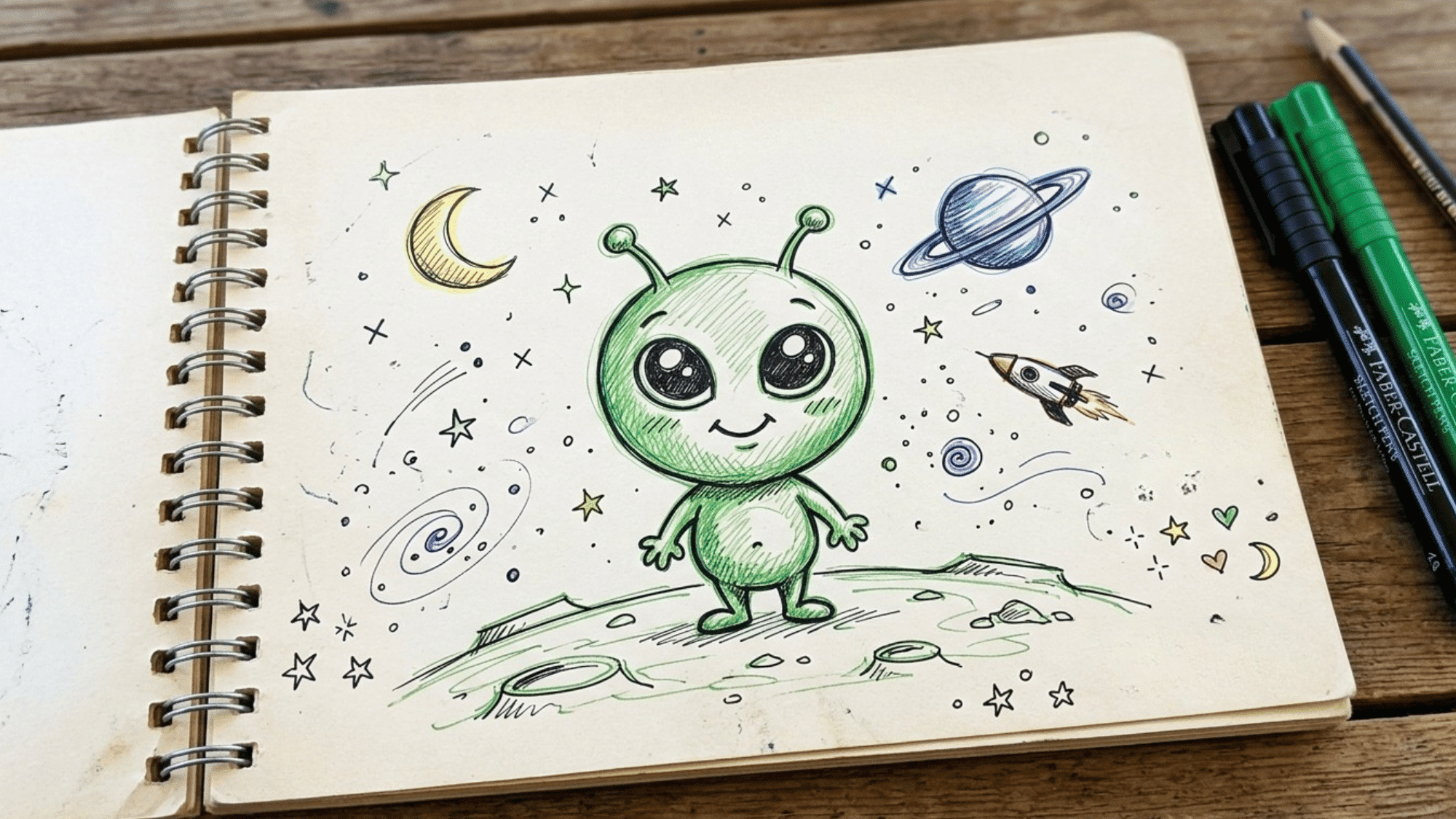 sketchbook page showing a cute alien cartoon drawing made with sketch pens