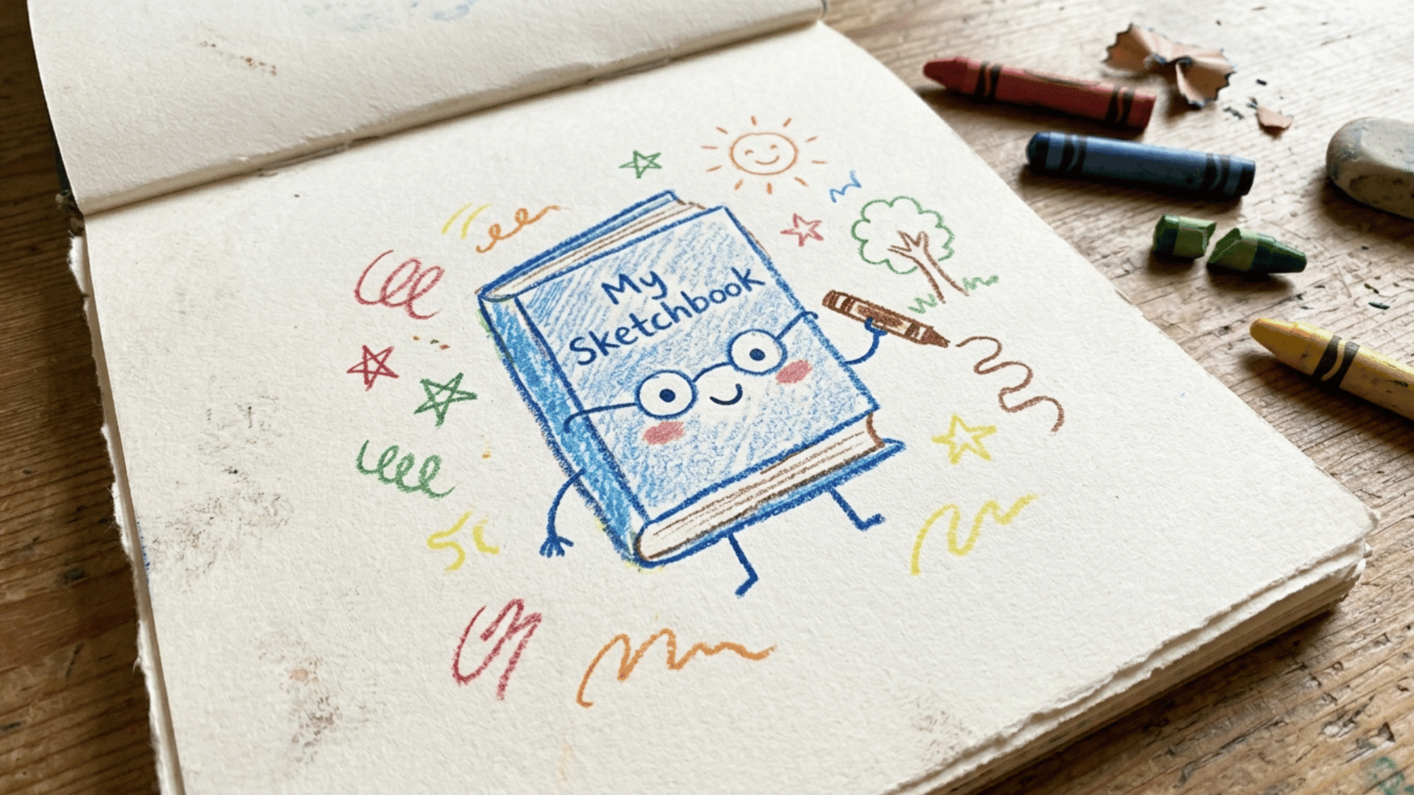 cute book character drawing with a smiling face, bookmark, page lines, and cozy desk