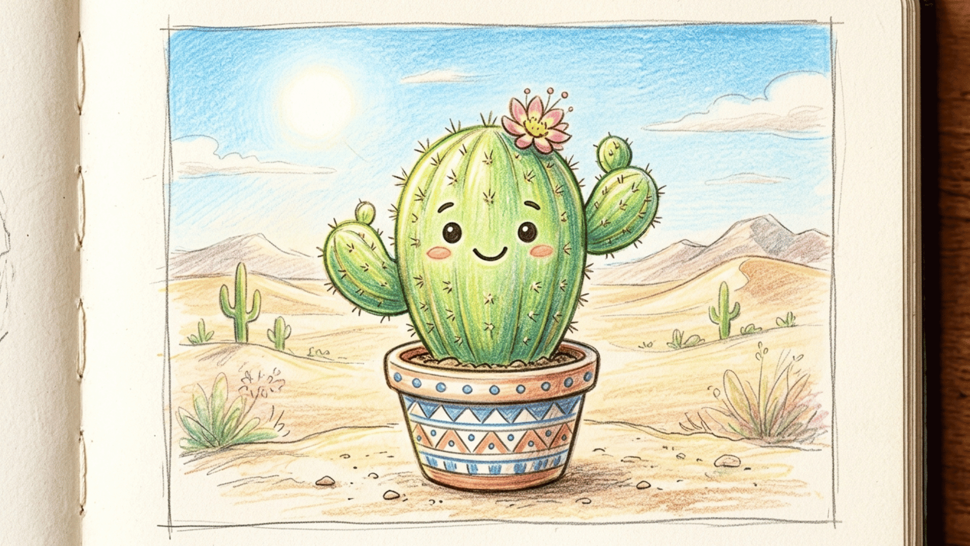 cute cactus drawing in a patterned pot with rounded arms, flower, tiny spikes, and smile