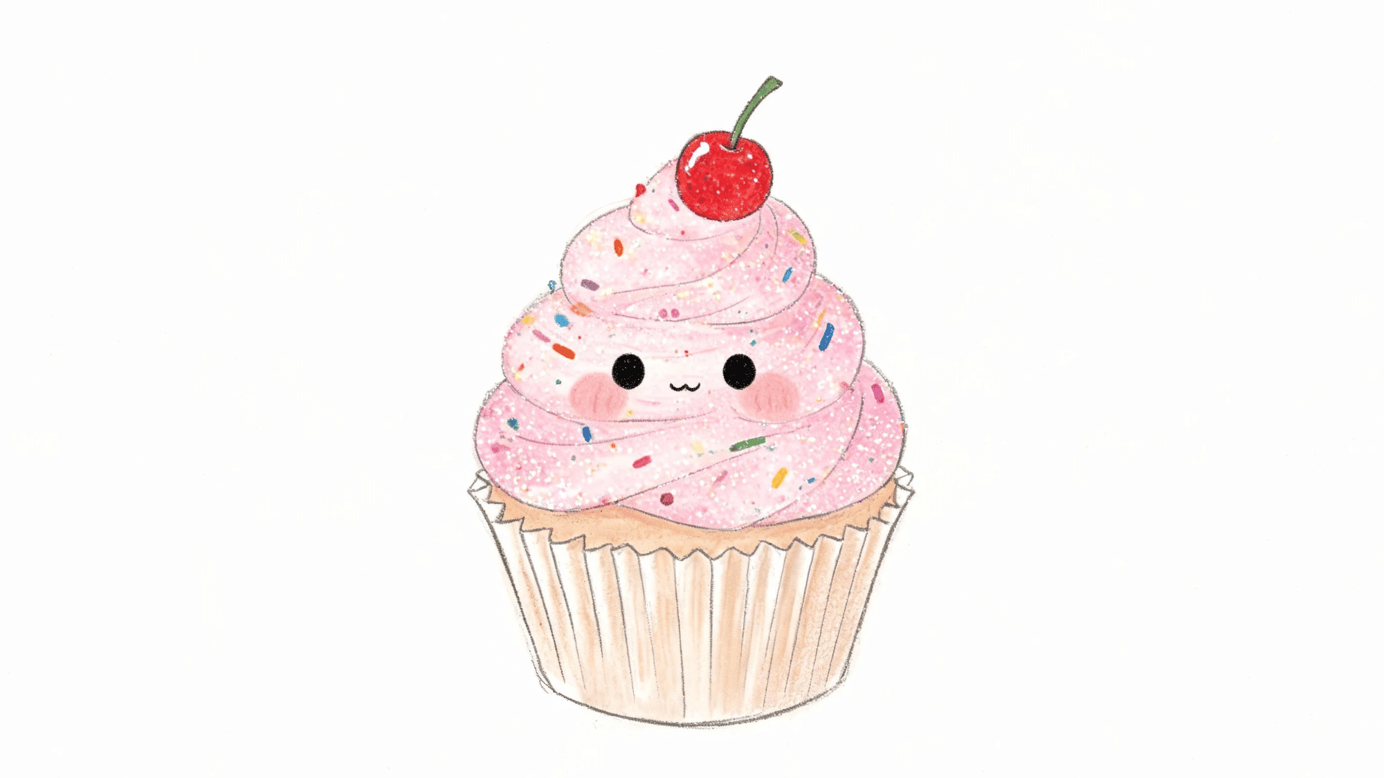 kawaii cupcake drawing with swirled frosting, cherry topping, sprinkles, and blush marks