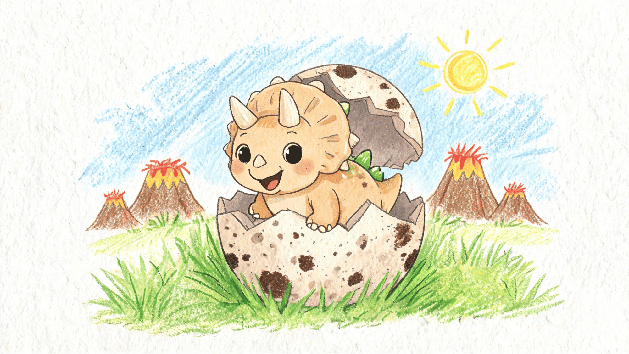 a cute dragon coming out of the egg with the cute volcano in background