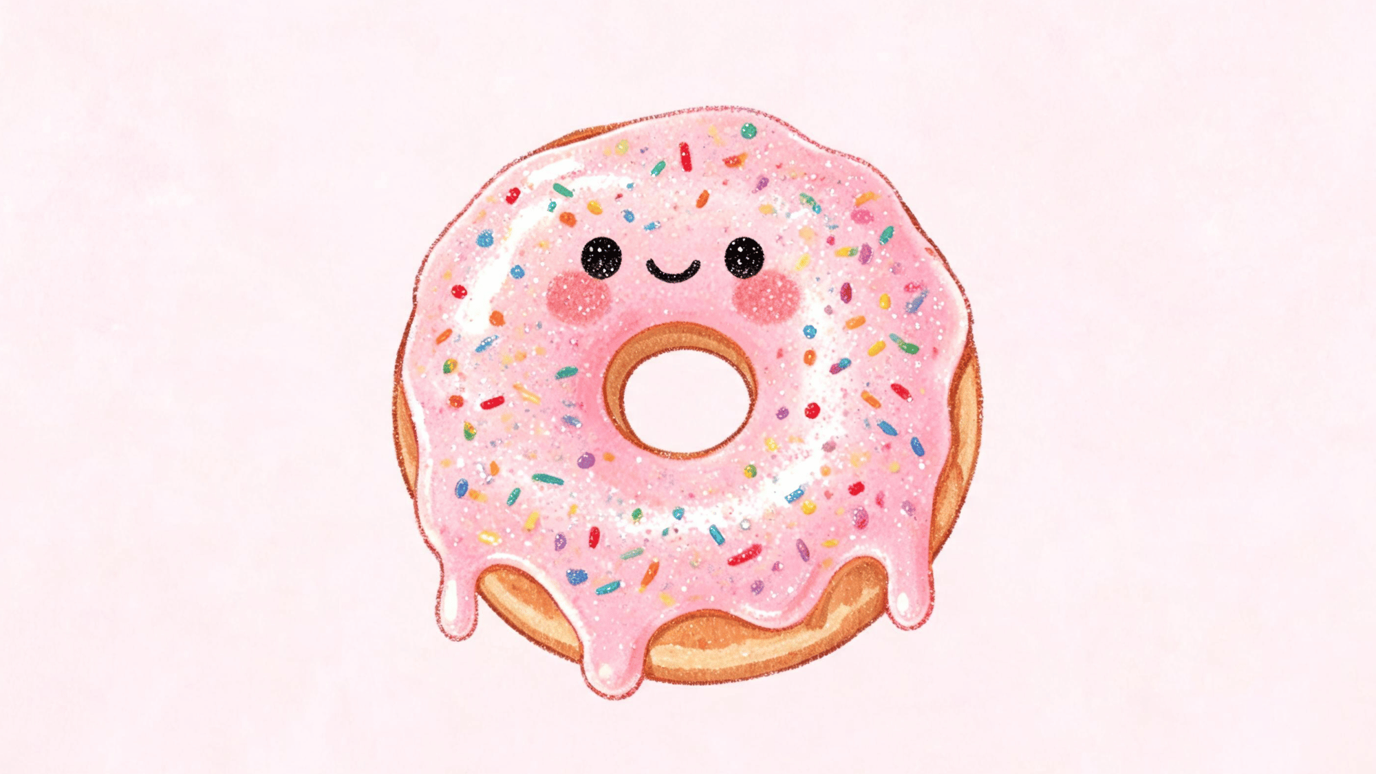 cute donut drawing with frosting drips, sprinkles, smiling face, blush marks, and glaze shine