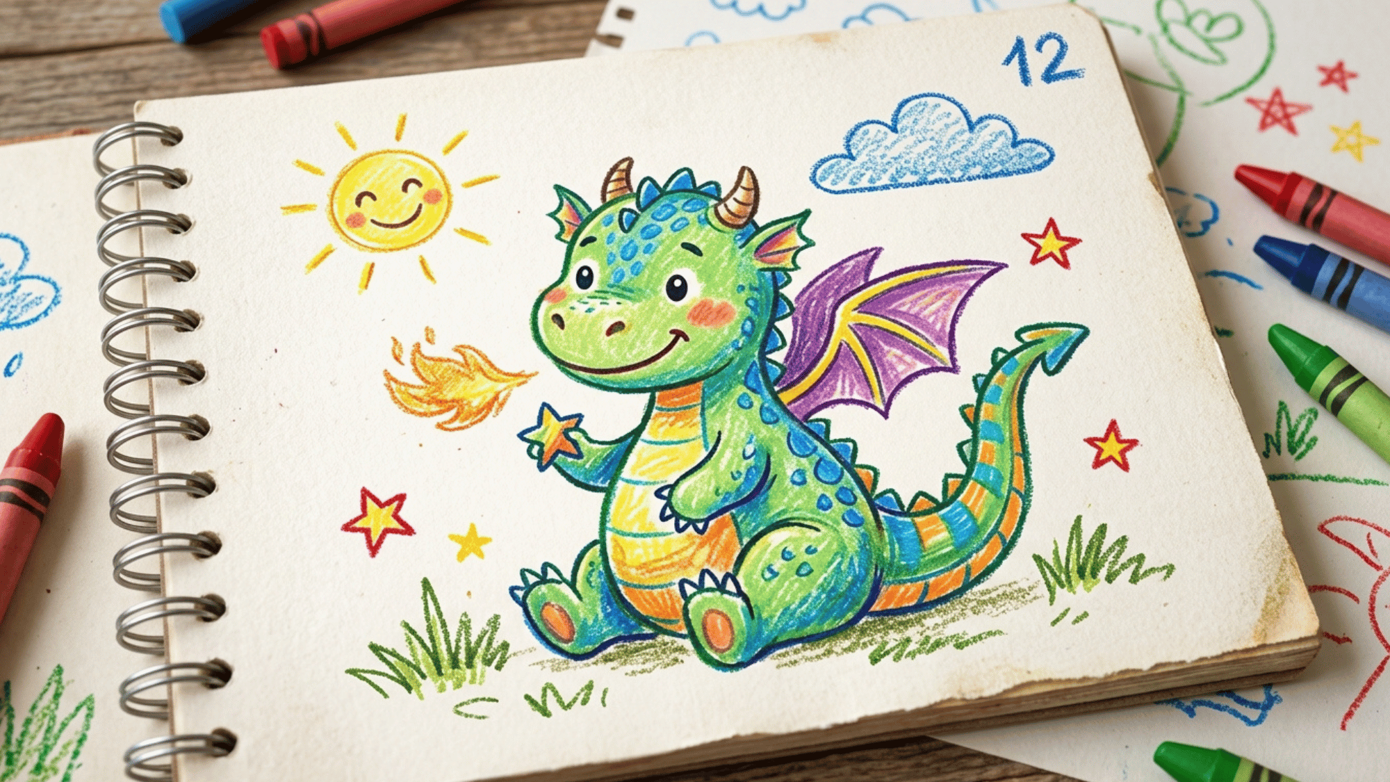 cute baby dragon drawing with tiny wings, horns, gems, and a magical cave background
