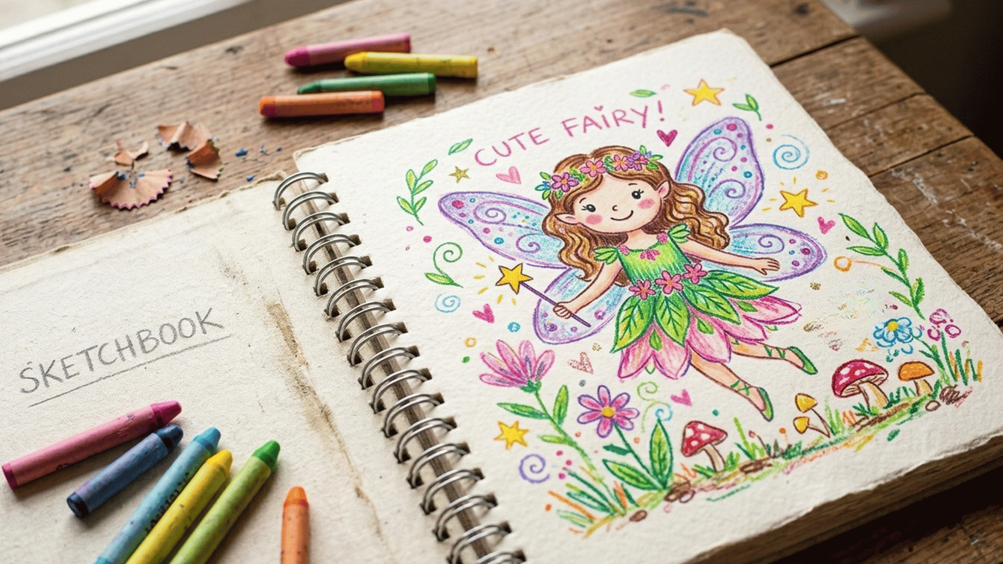 cute fairy drawing flying near flowers with delicate wings, wand, glowing dust, and forest