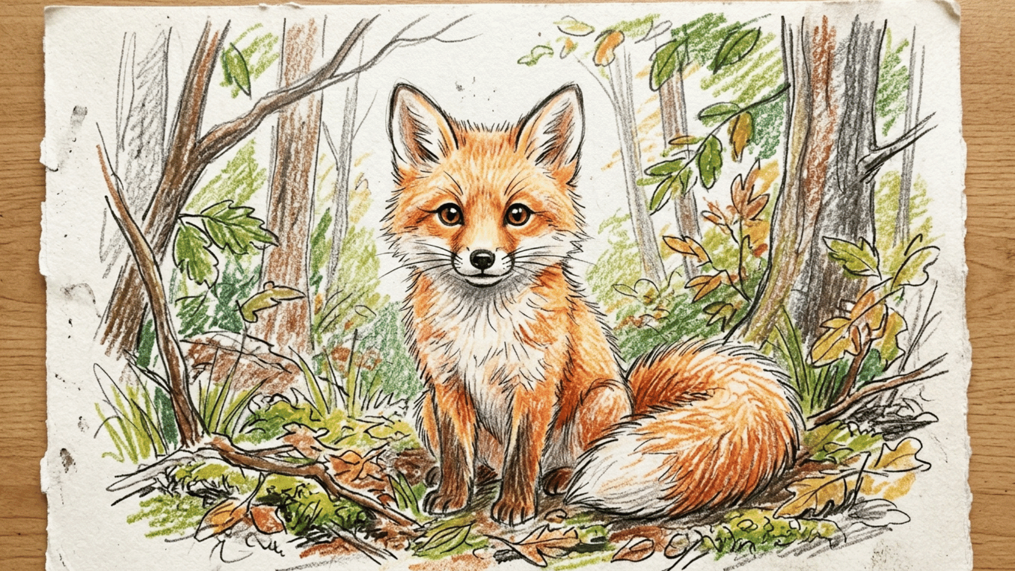 sketch file drawing of a little fox coloured with painting colours