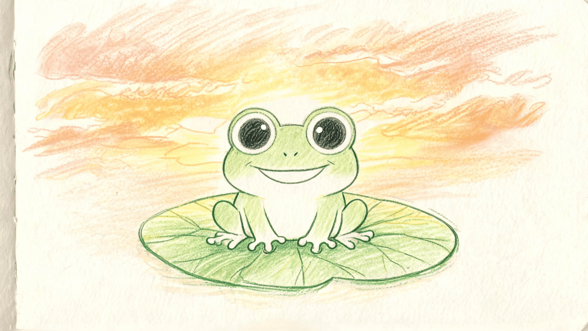 sketchbook page showing a cute frog cartoon drawing made with sketch pens