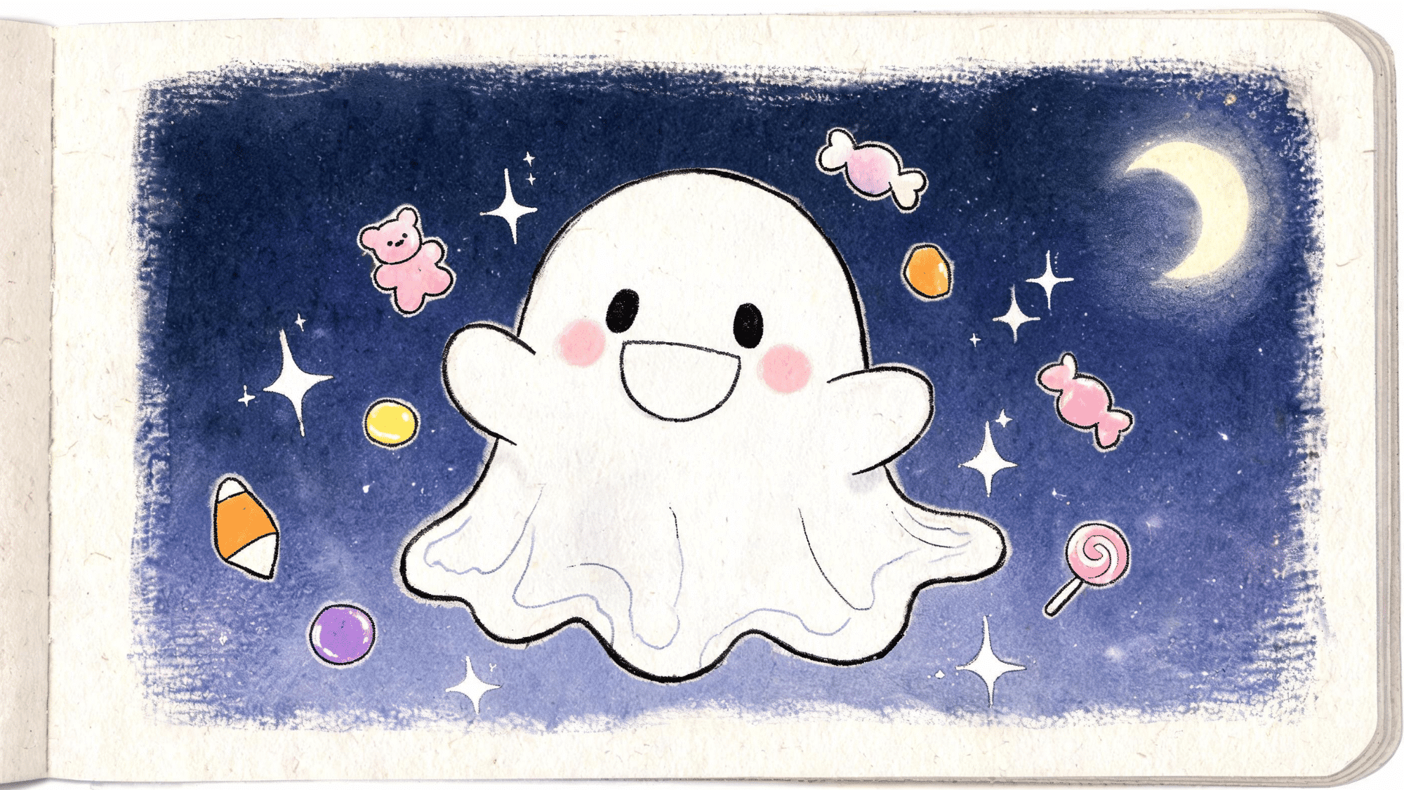cute ghost drawing floating with tiny arms, blush marks, candy, stars, and moonlit background